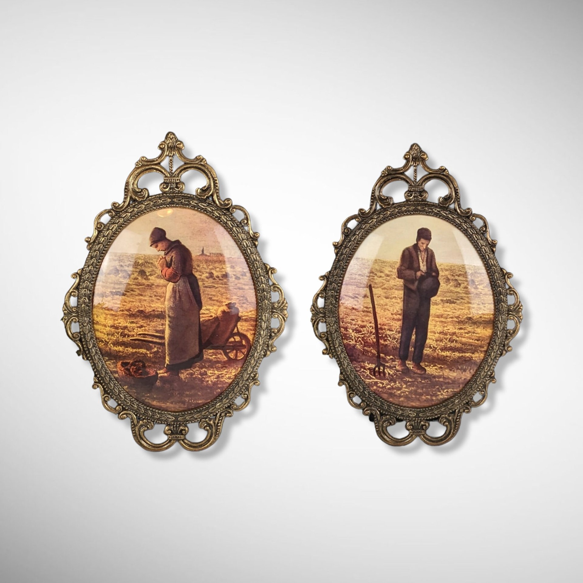 Pair of Vintage Praying Settlers Framed Pictures