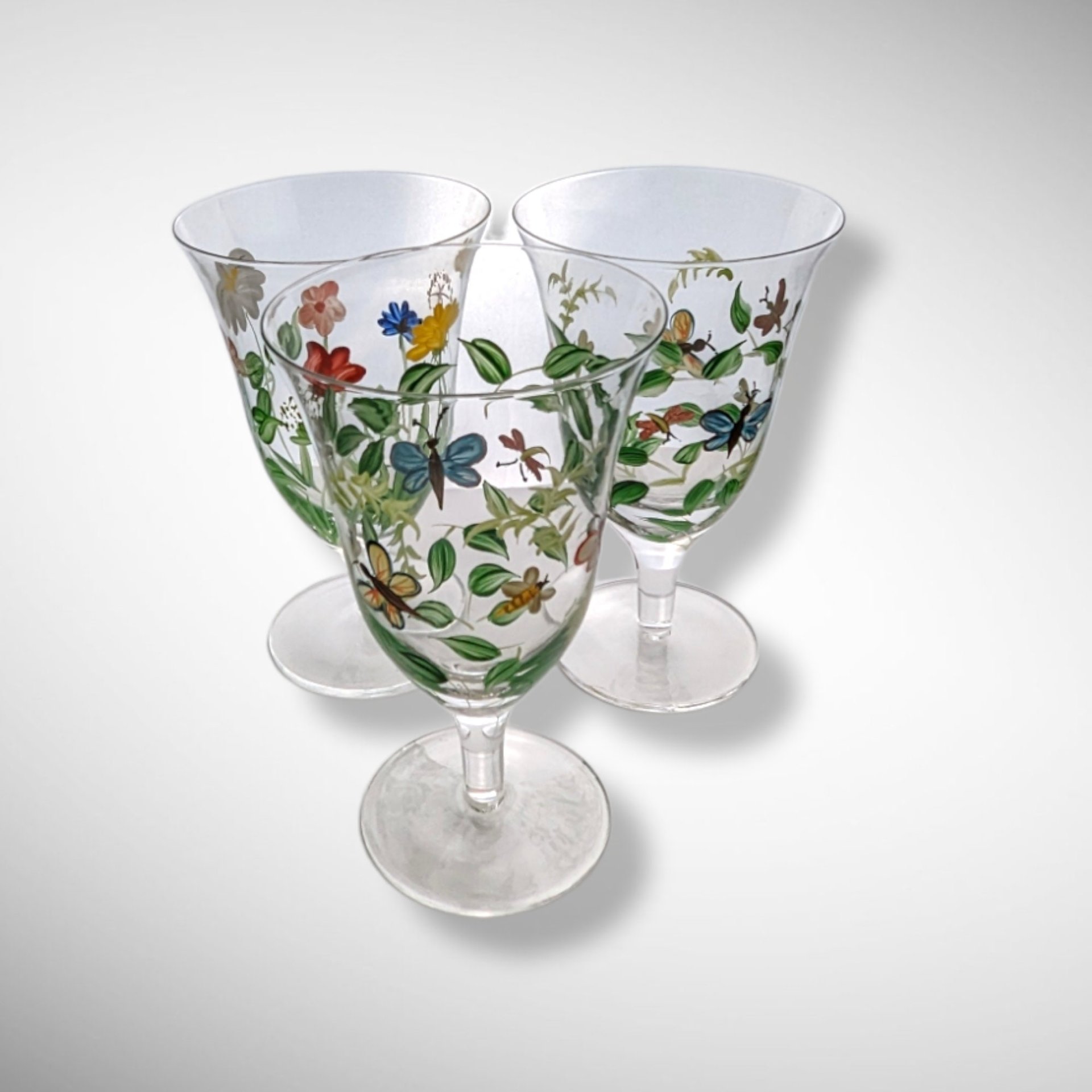 Set of 3 Hand Painted Water Goblets with Flowers and Butterflies