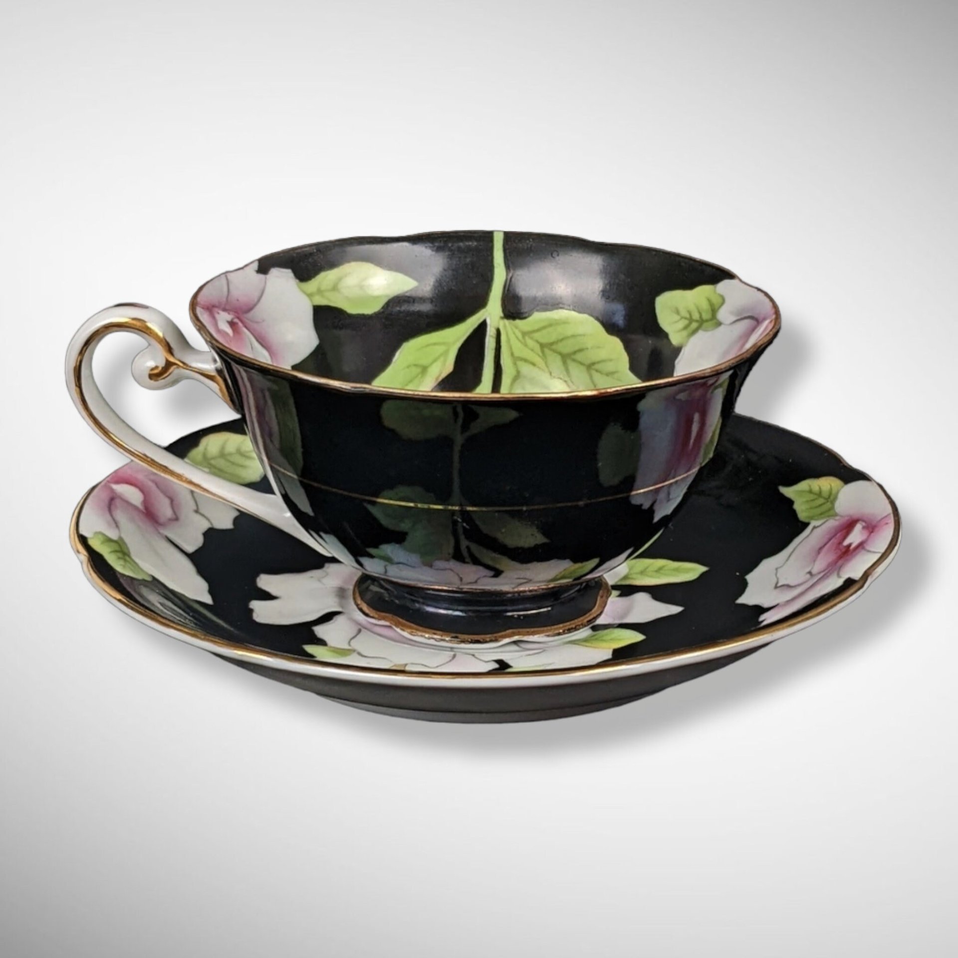 Wako China Tea Cup and Saucer Set, Black with Pink Flowers, Occupied Japan