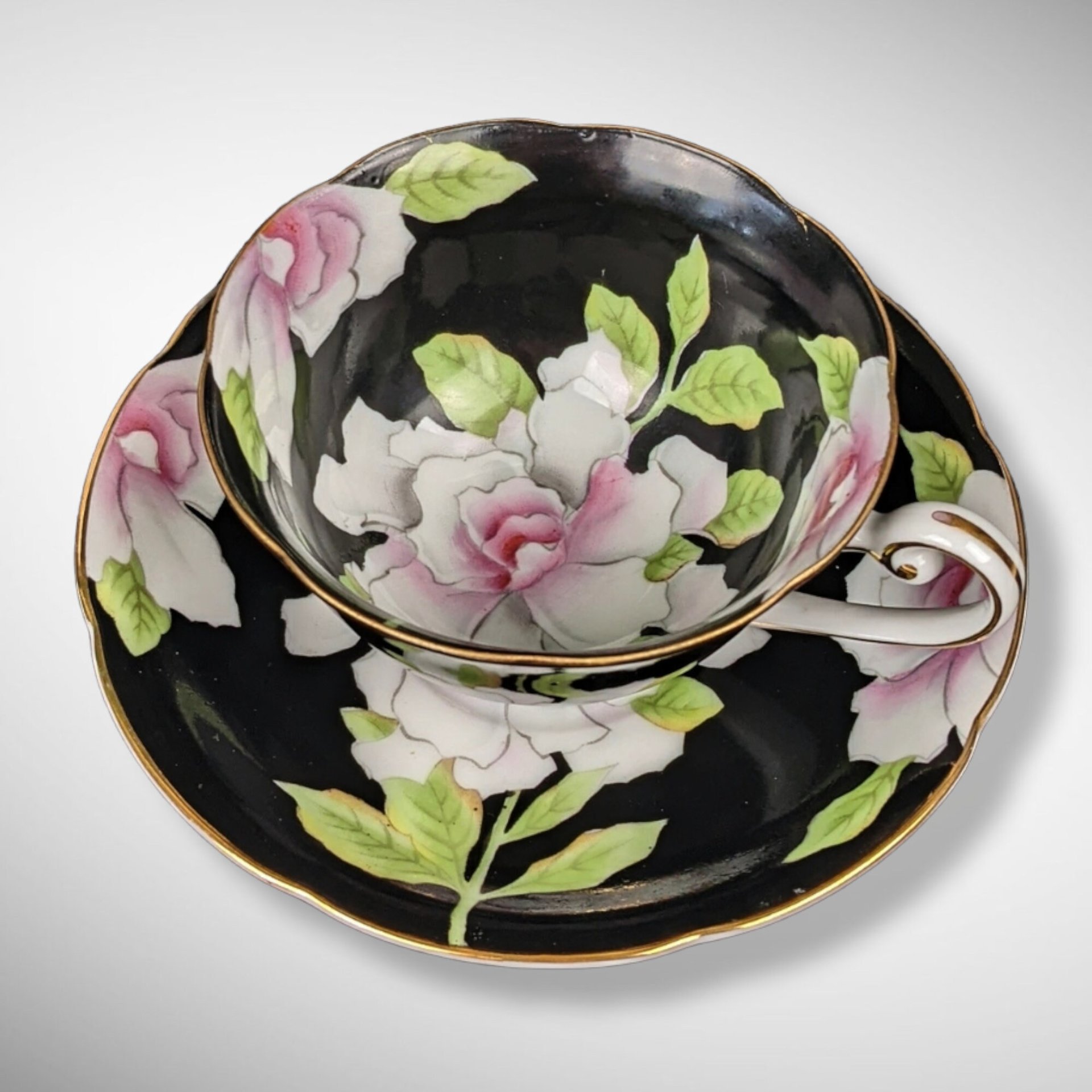Wako China Tea Cup and Saucer Set, Black with Pink Flowers, Occupied Japan