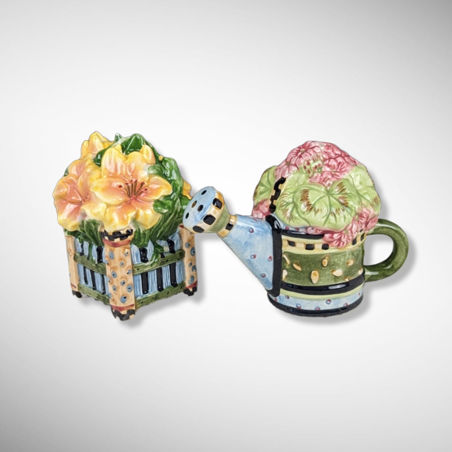 Vintage Sakura Watering Can and Flower Box Salt and Pepper Shakers