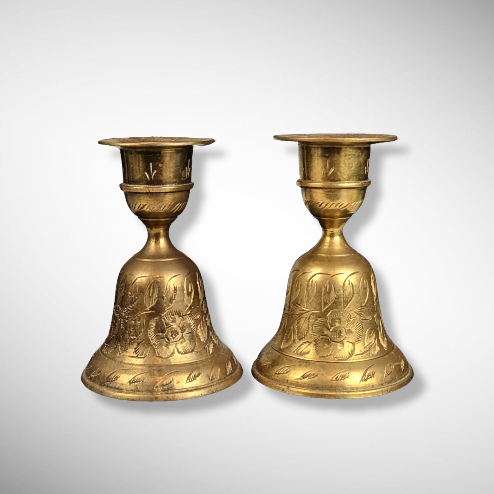 Pair of Vintage Brass Bell Candlestick Holders, Z.Y. India World Gift