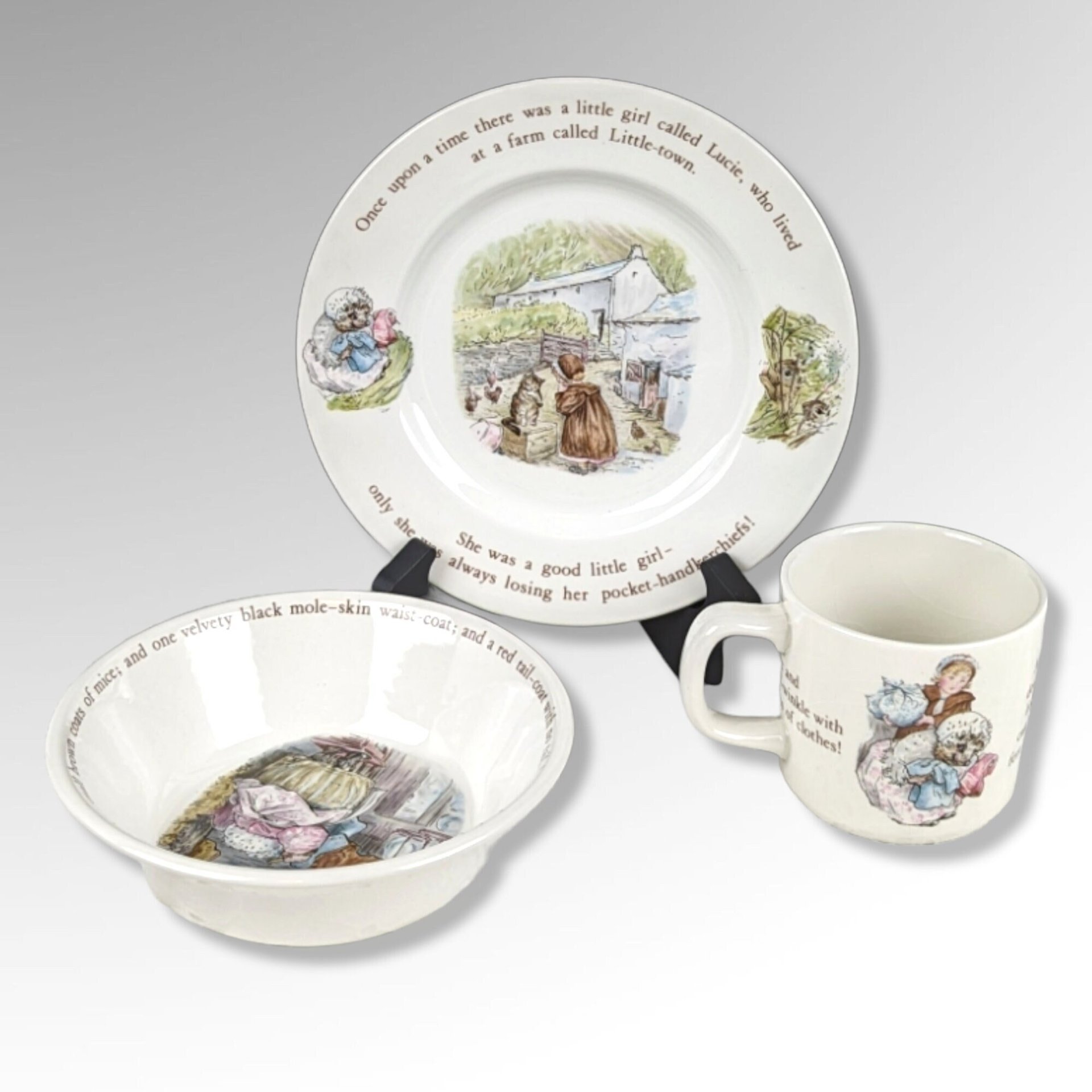 Wedgwood Beatrix Potter Nursery Set 1970s, Mug (Crazed), Plate, Bowl