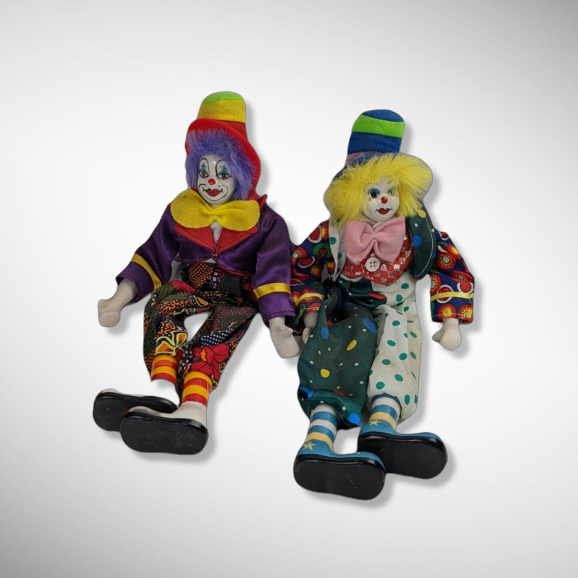 Vintage Clown Doll Pair with Porcelain Hands and Faces