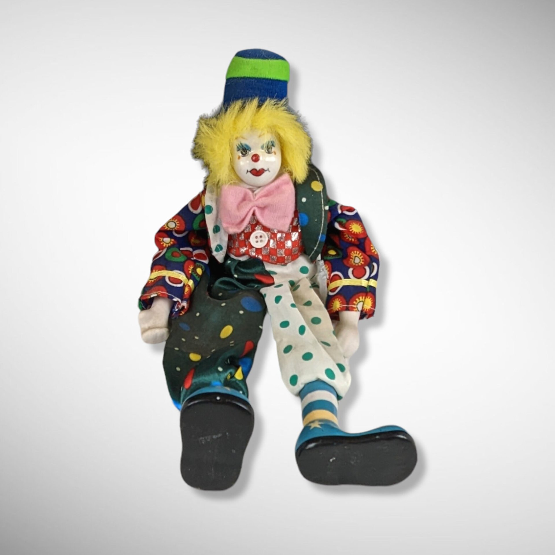 Vintage Clown Doll Pair with Porcelain Hands and Faces