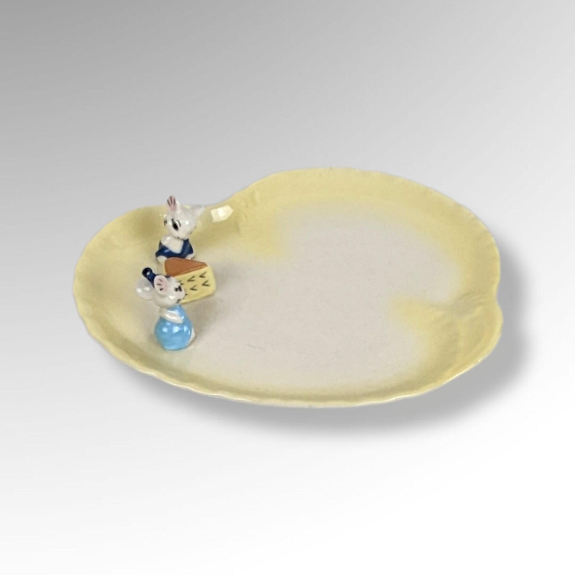 Vintage Yellow Plate with Mice and Cheese, Signed Joan Prairie