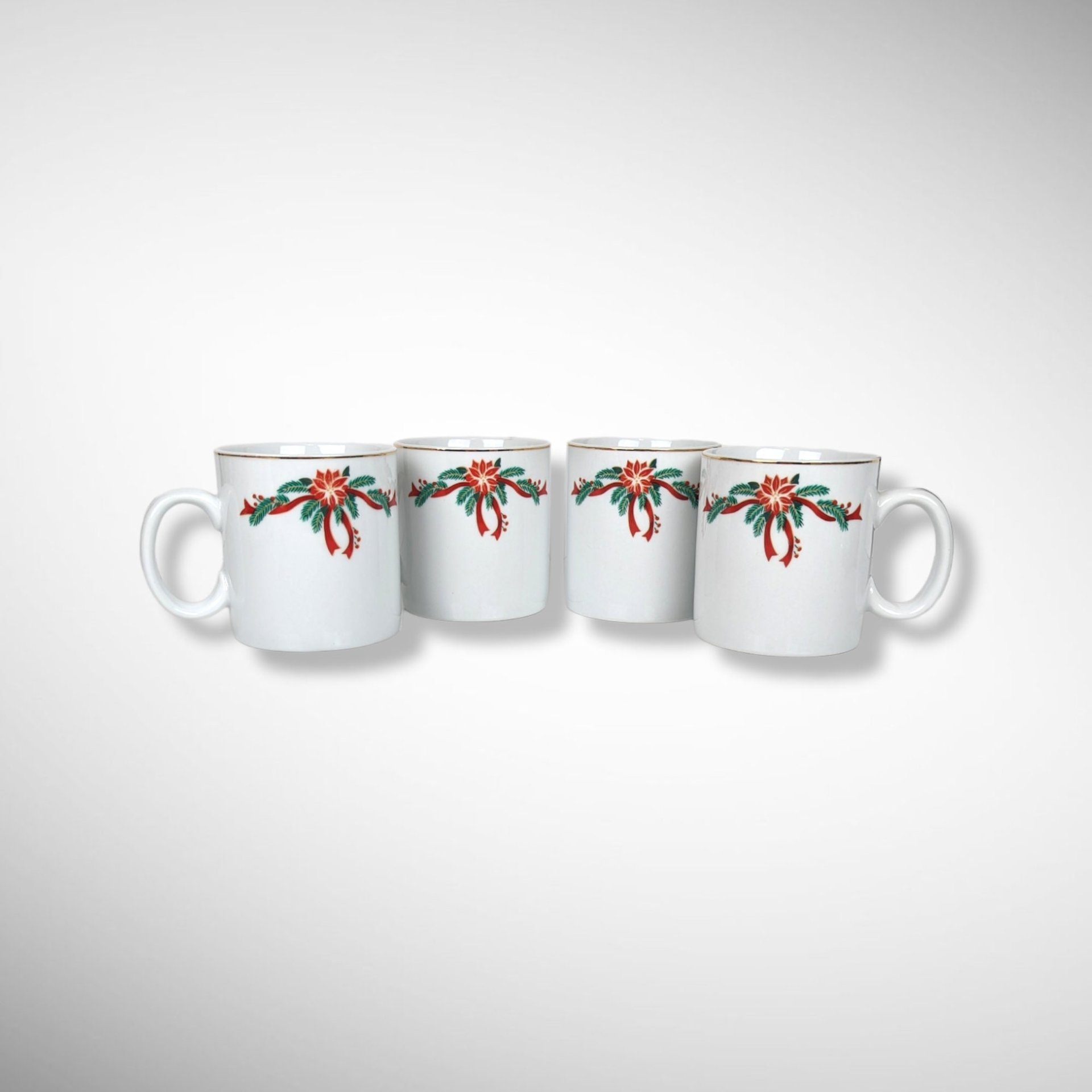 Vintage Set of 4 Poinsettia & Ribbons Fine China 12oz Mugs