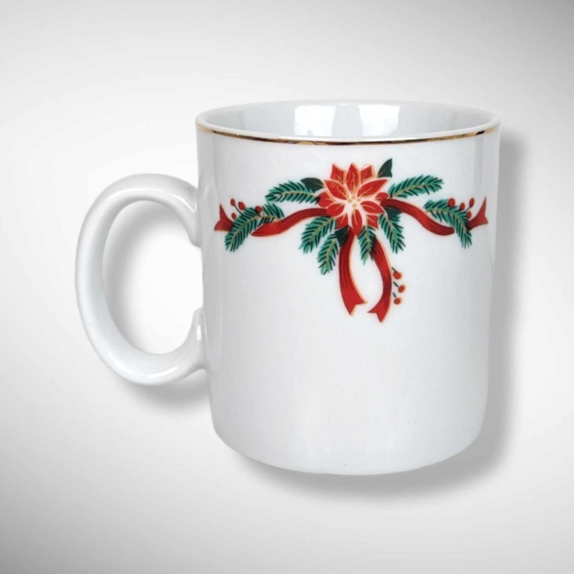 Vintage Set of 4 Poinsettia & Ribbons Fine China 12oz Mugs