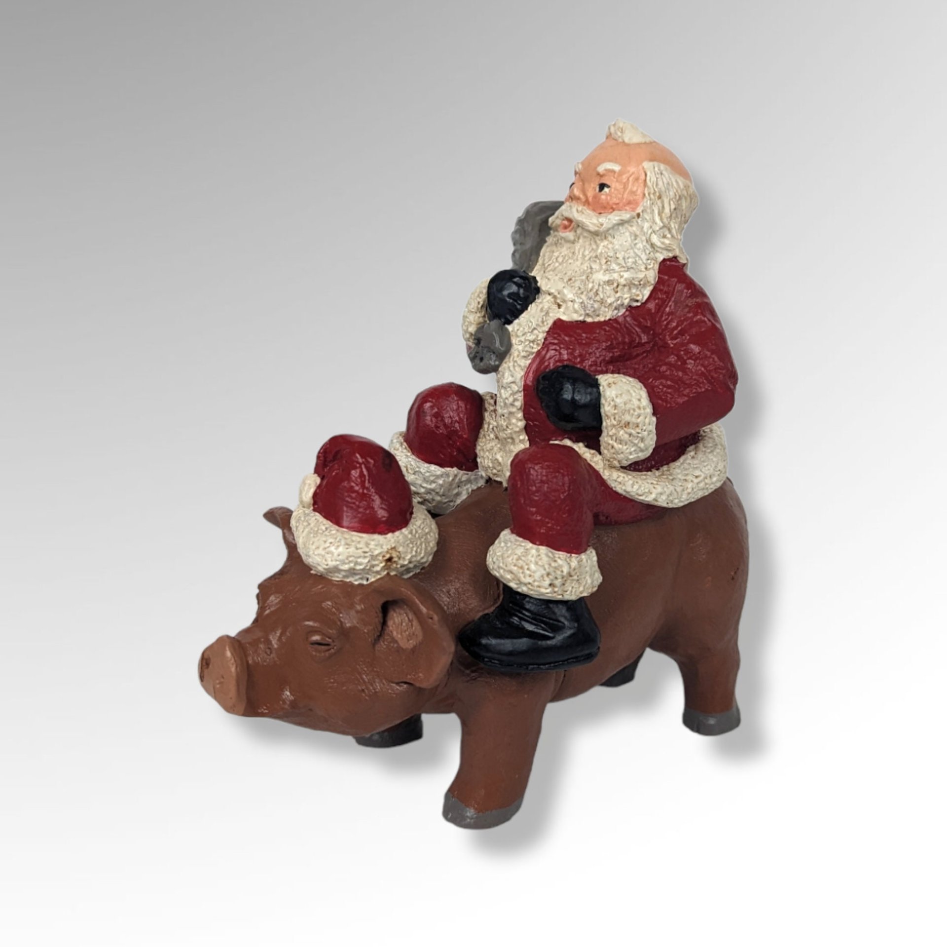 1993 Handmade Santa on Pig Figurine, Signed and Dated