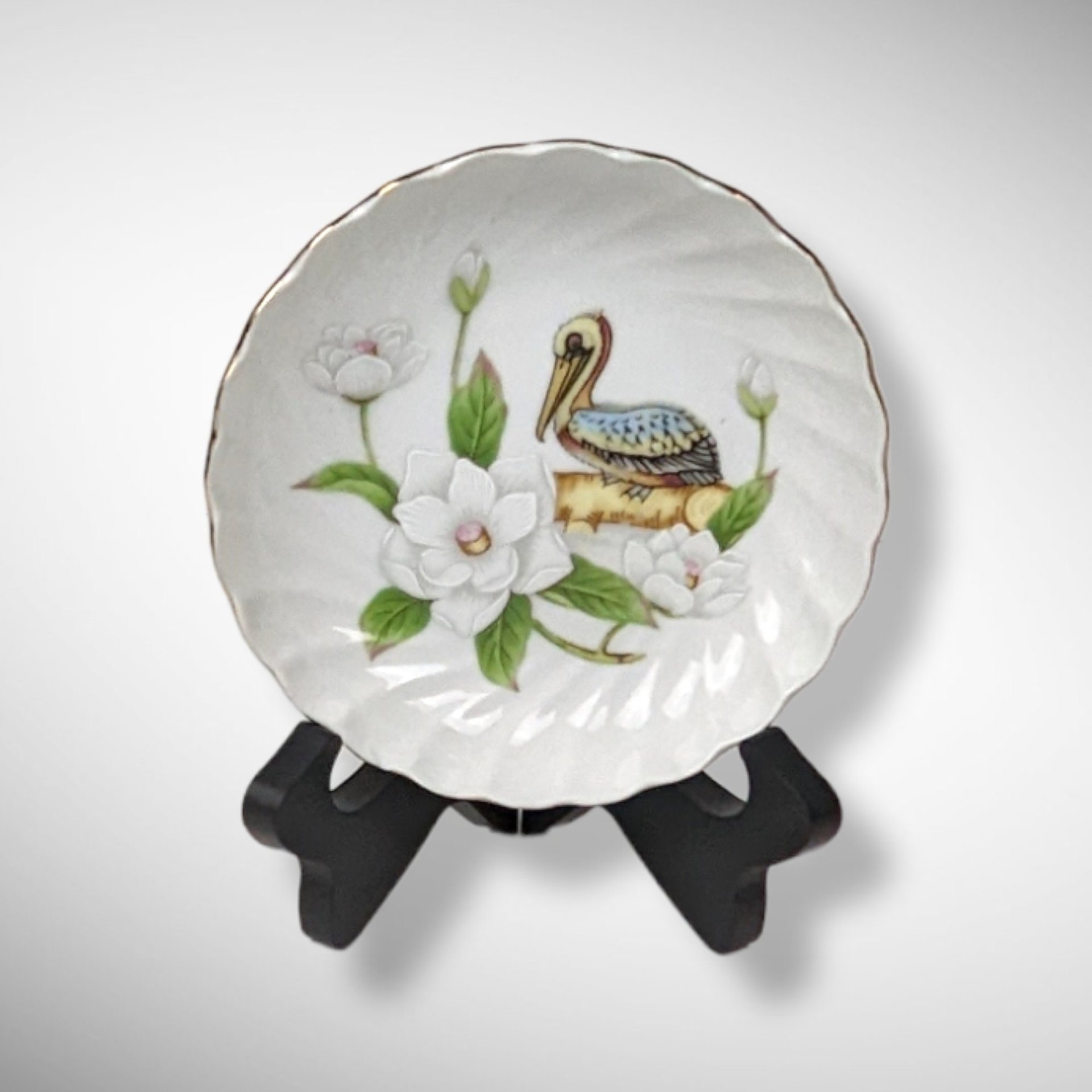Lefton 1984 New Orleans Porcelain Trinket Dish with Pelican and Flowers