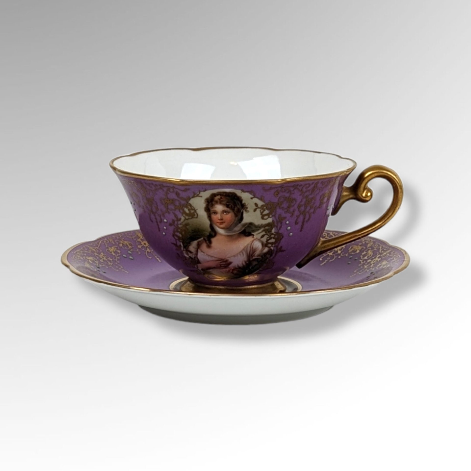 Vintage Purple Cup and Saucer with Portrait of Lady