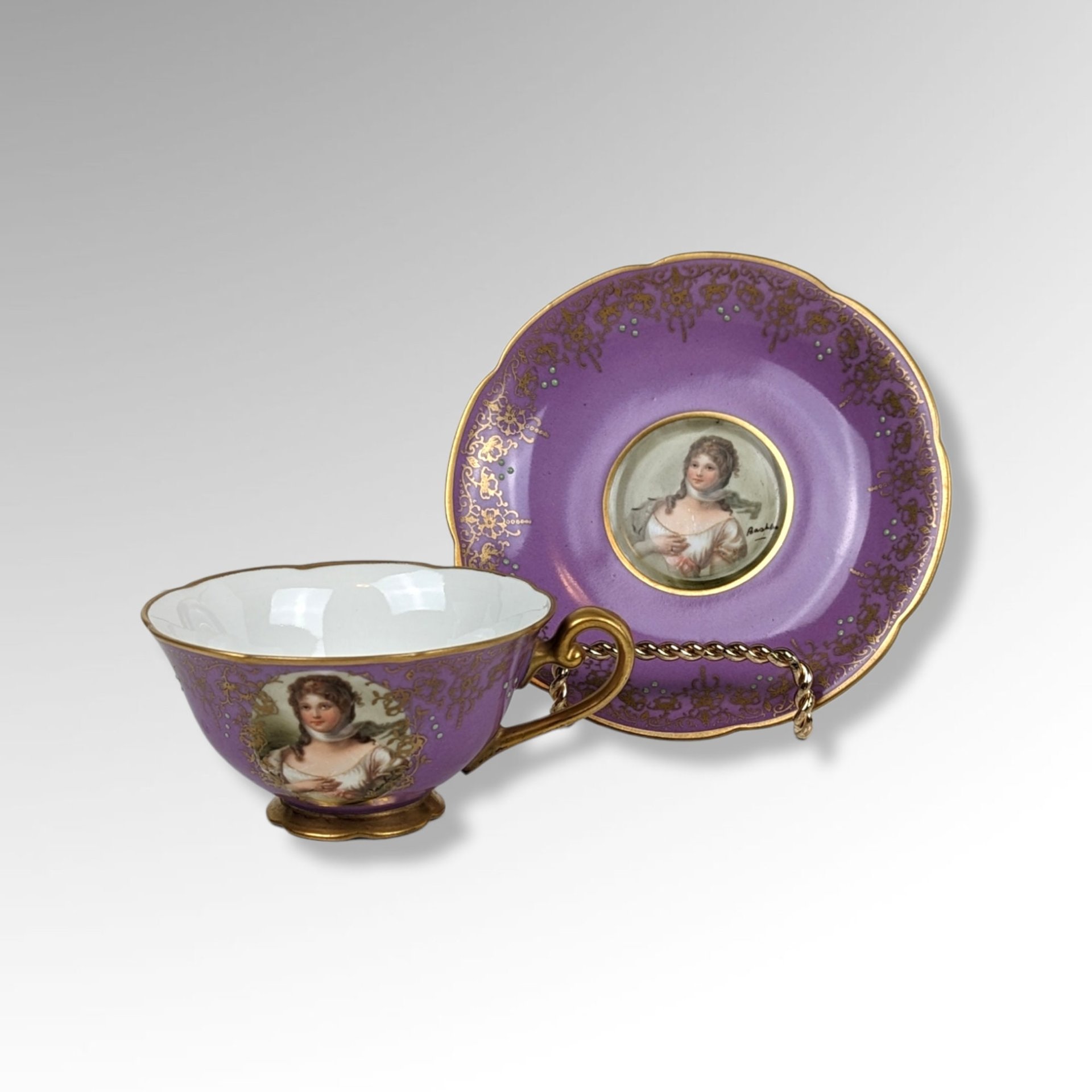 Vintage Purple Cup and Saucer with Portrait of Lady