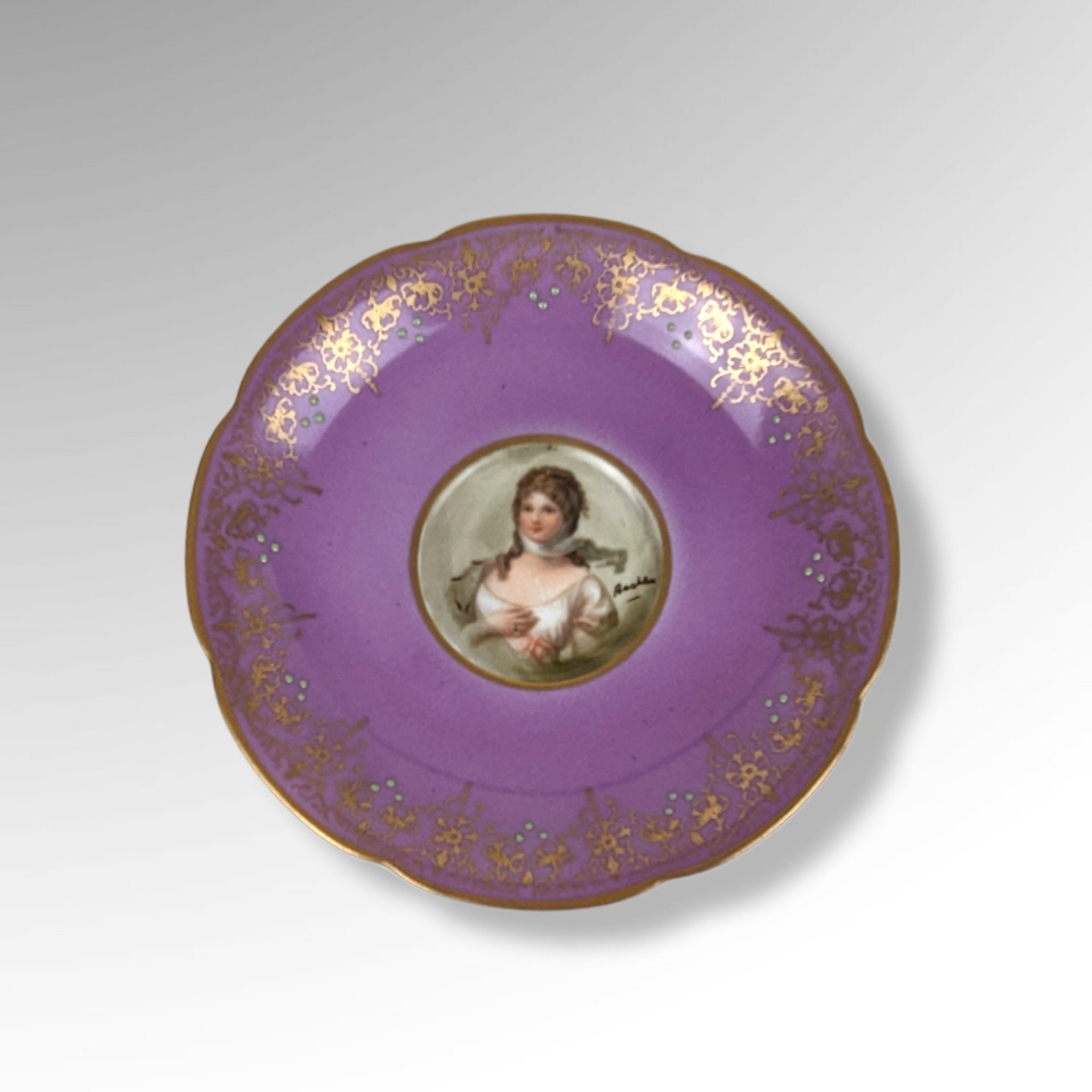 Vintage Purple Cup and Saucer with Portrait of Lady