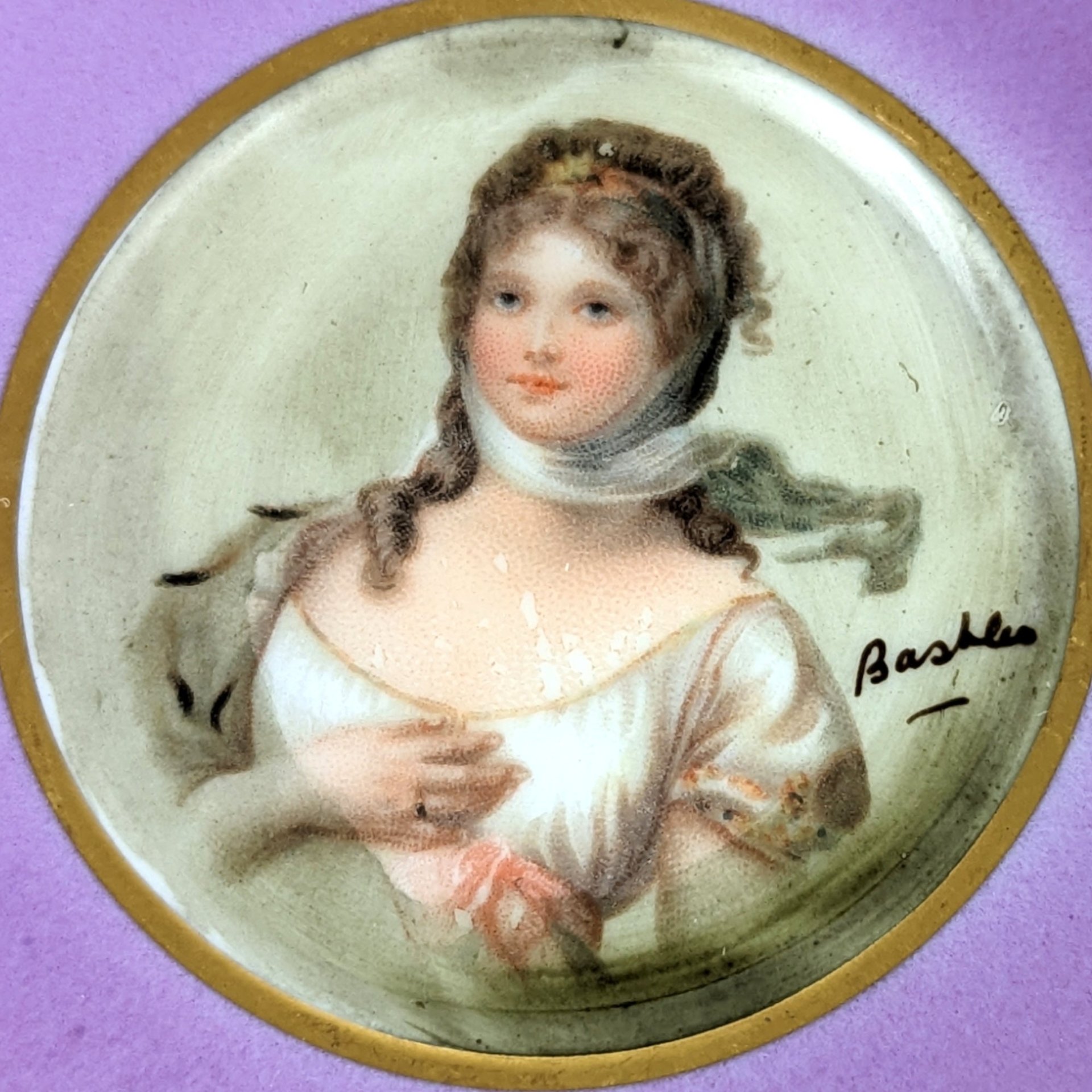 Vintage Purple Cup and Saucer with Portrait of Lady