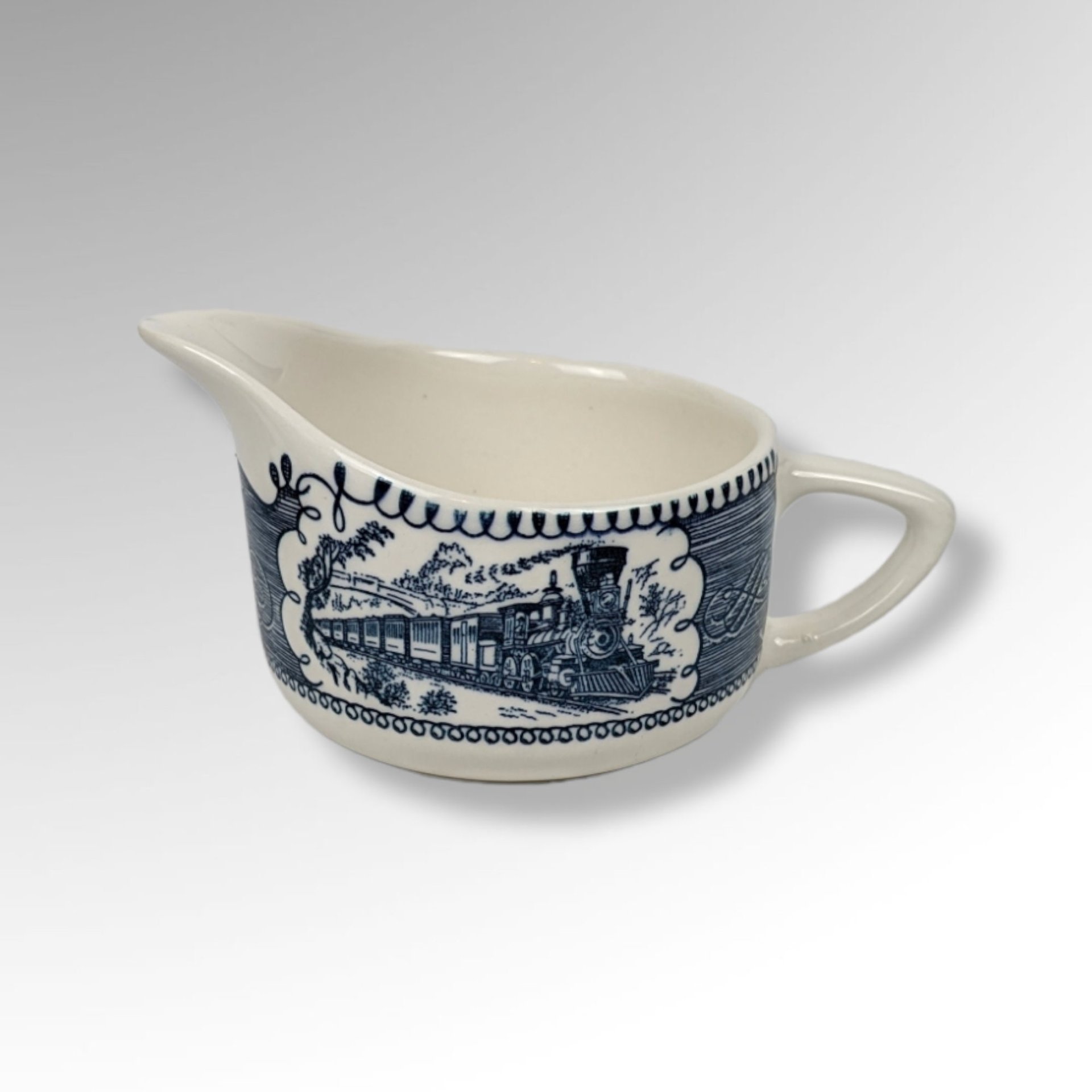 Currier and Ives Blue Cream and Sugar set with Train