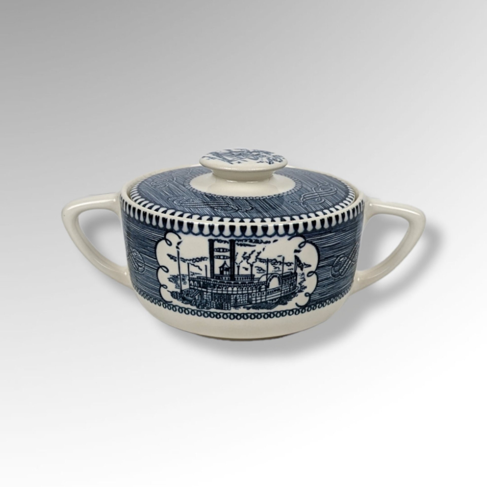 Currier and Ives Blue Cream and Sugar set with Train