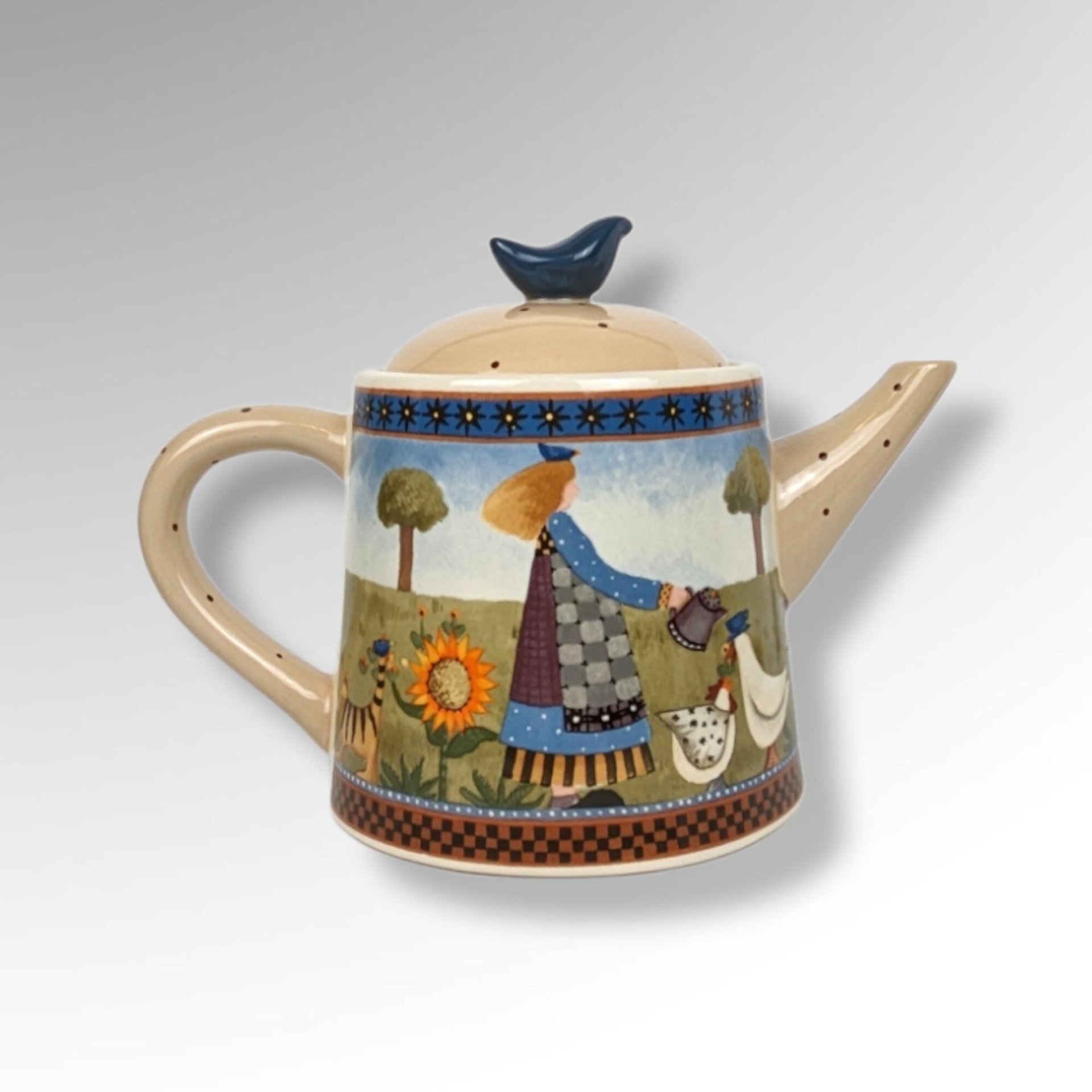 1999 Williraye Studio Coyne & Co Folk Art Teapot and Sugar Bowl