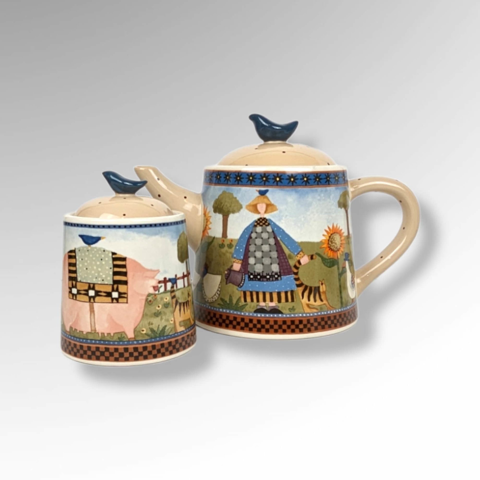 1999 Williraye Studio Coyne & Co Folk Art Teapot and Sugar Bowl