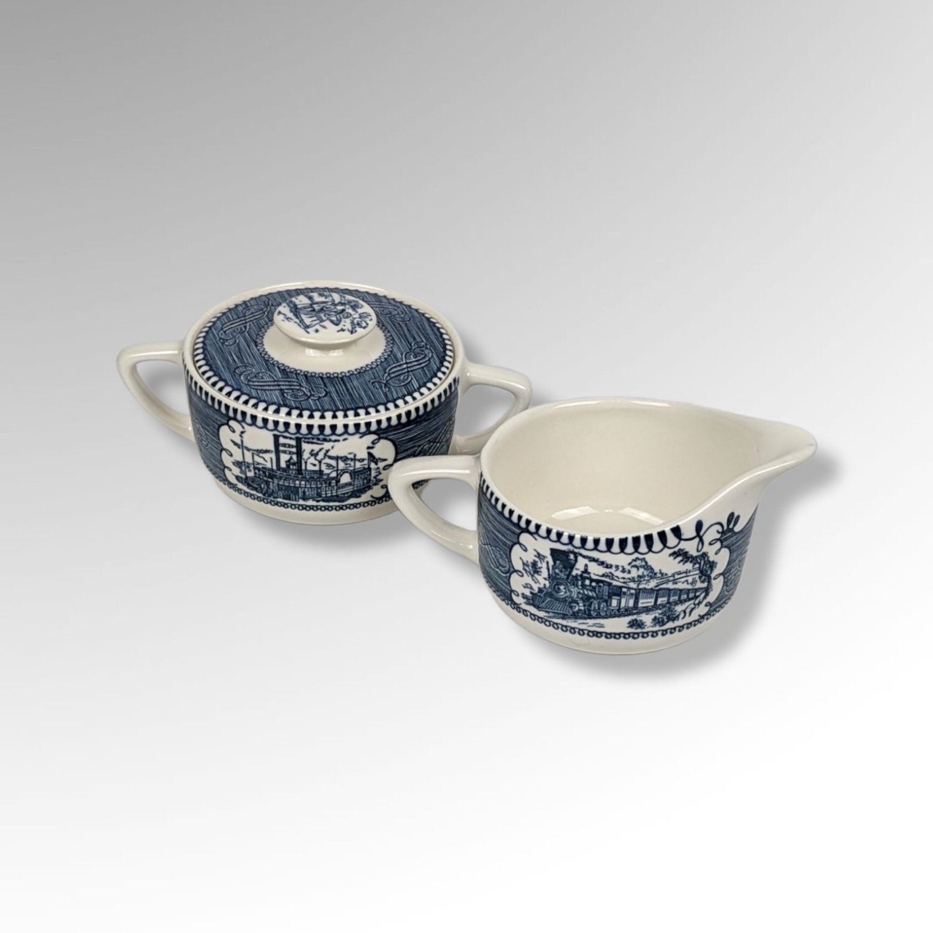 Currier and Ives Blue Cream and Sugar set with Train