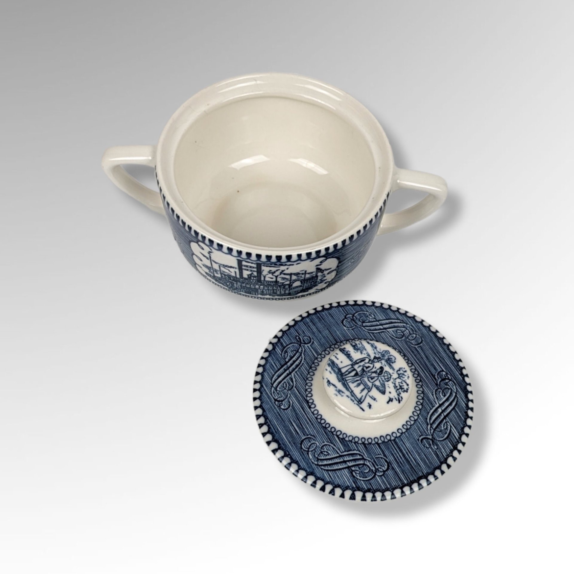 Currier and Ives Blue Cream and Sugar set with Train