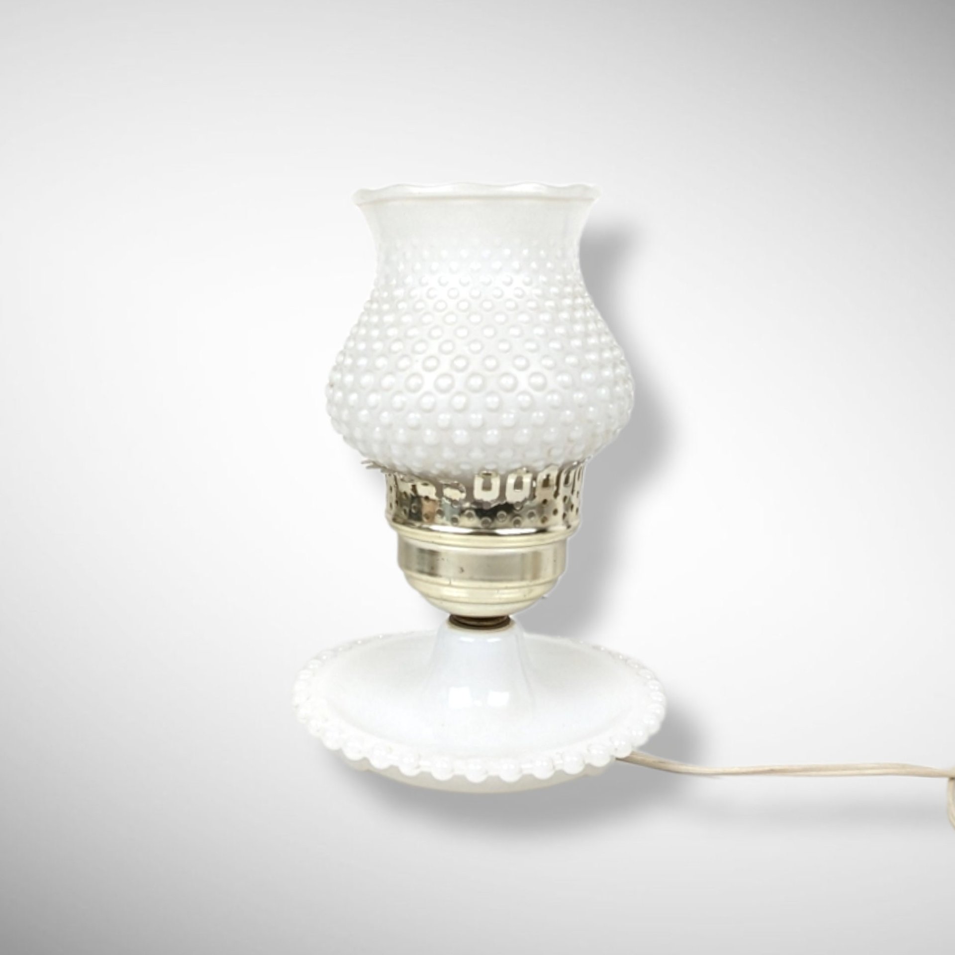 Vintage Milk Glass Hobnail Electric Hurricane Lamp