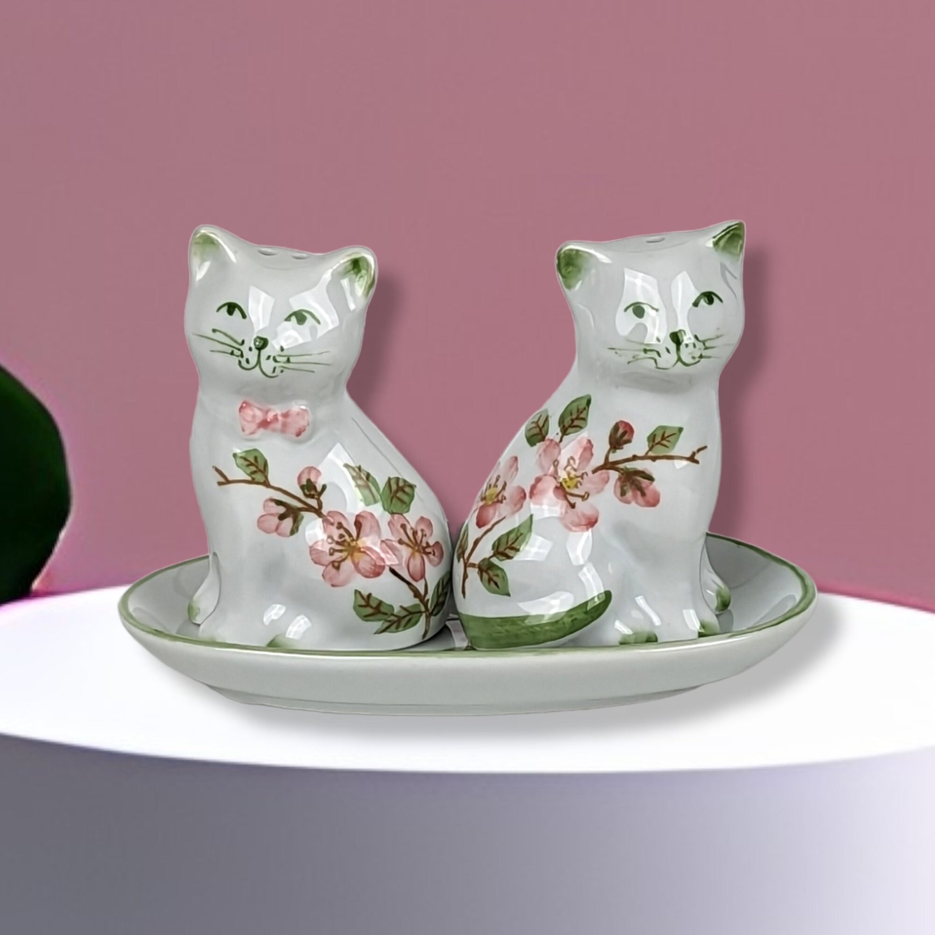 Cherry Blossom Cat Salt and Pepper on Tray