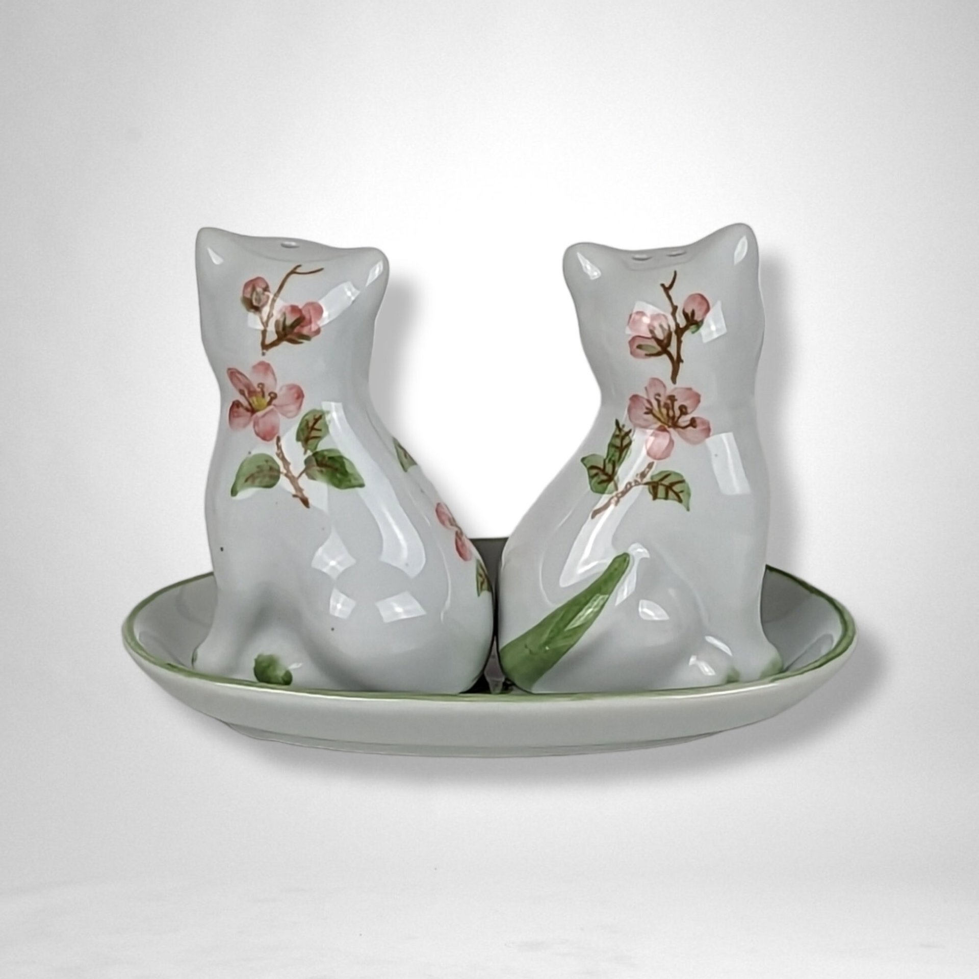 Cherry Blossom Cat Salt and Pepper on Tray