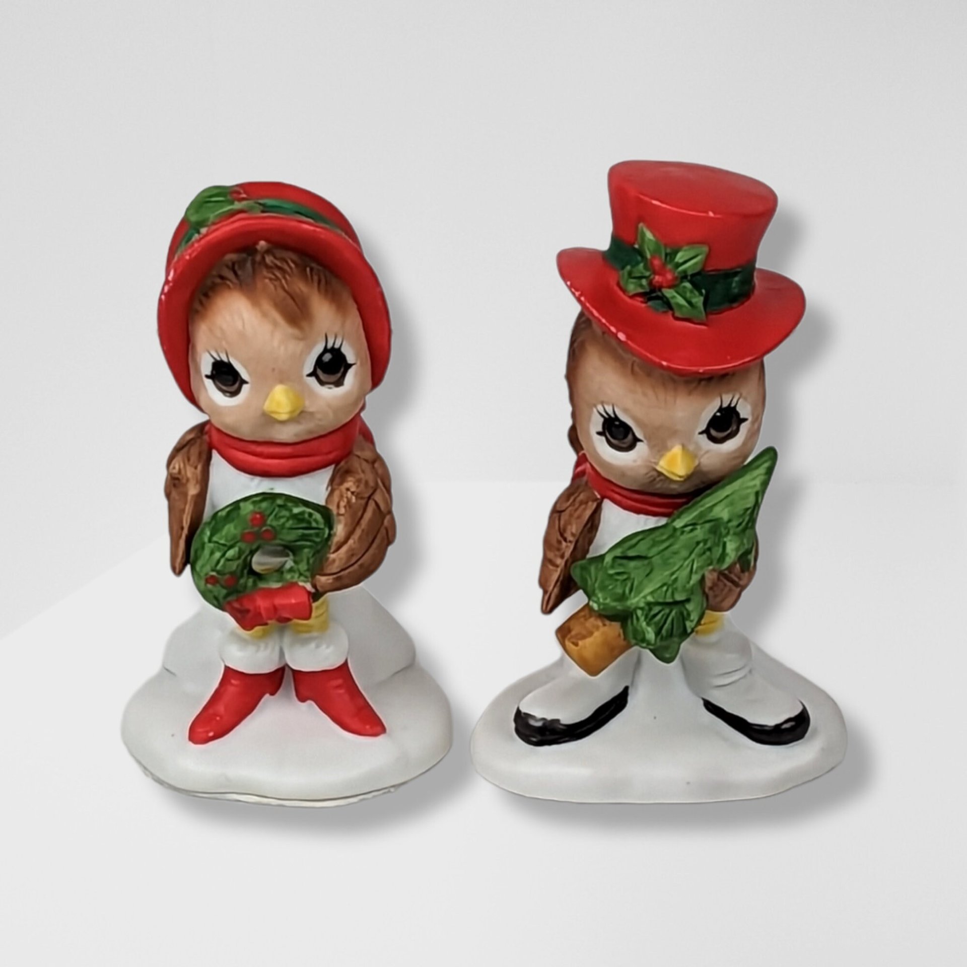 Vintage Lefton Spencer Sparrow and Lady Christmas Pair Figurines