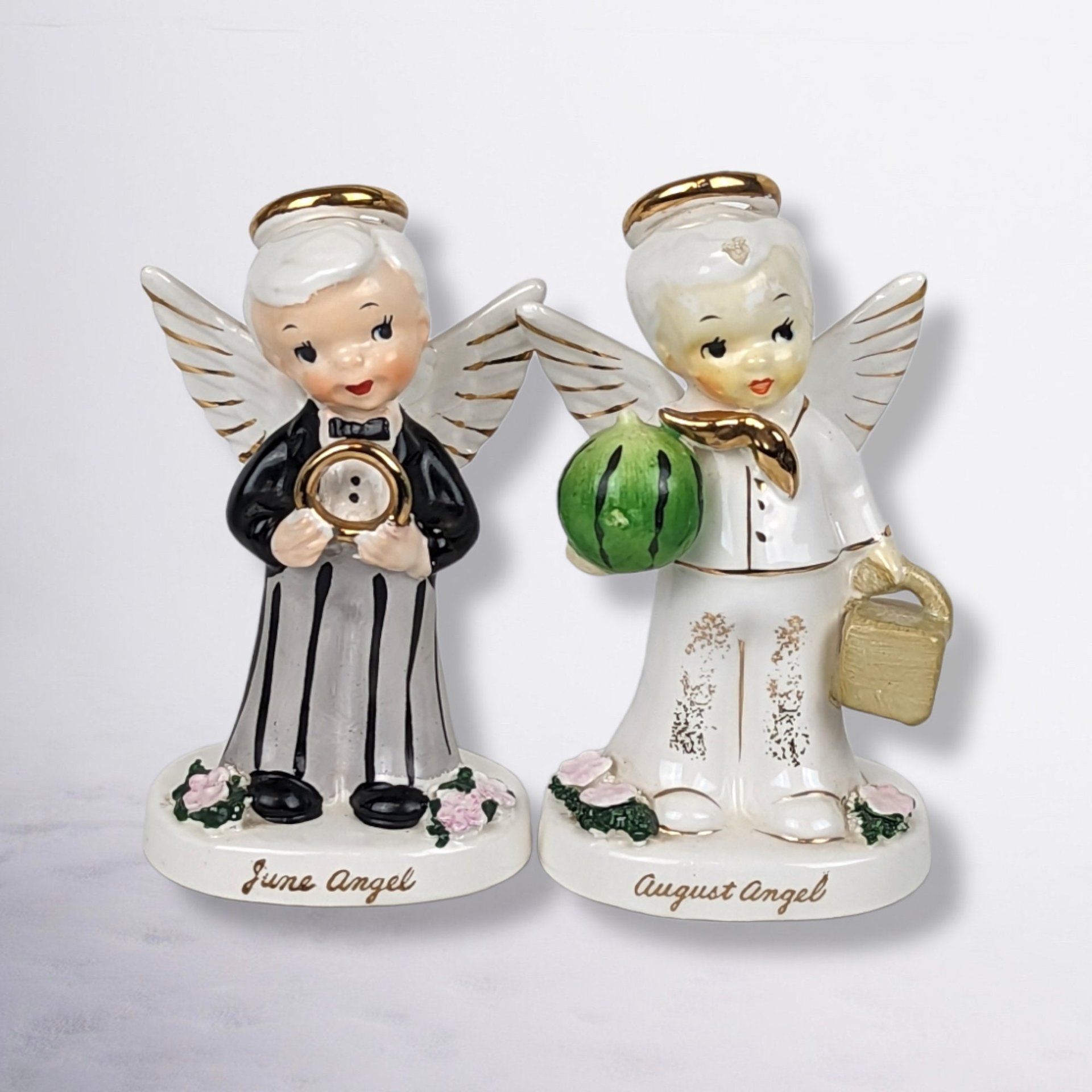 Pair of Napco 1956 June and August Angel Figurines, Made in Japan, Flawed