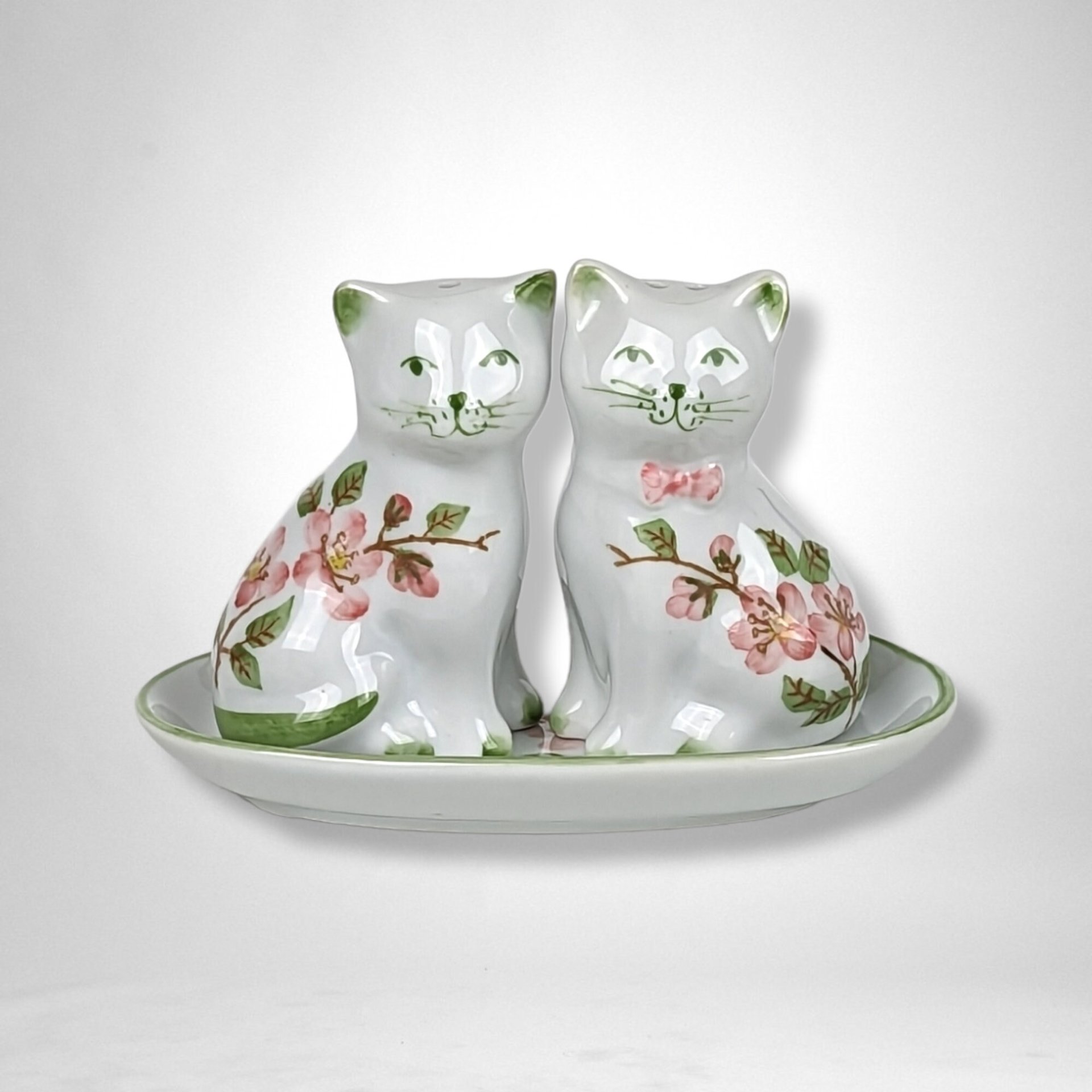 Cherry Blossom Cat Salt and Pepper on Tray
