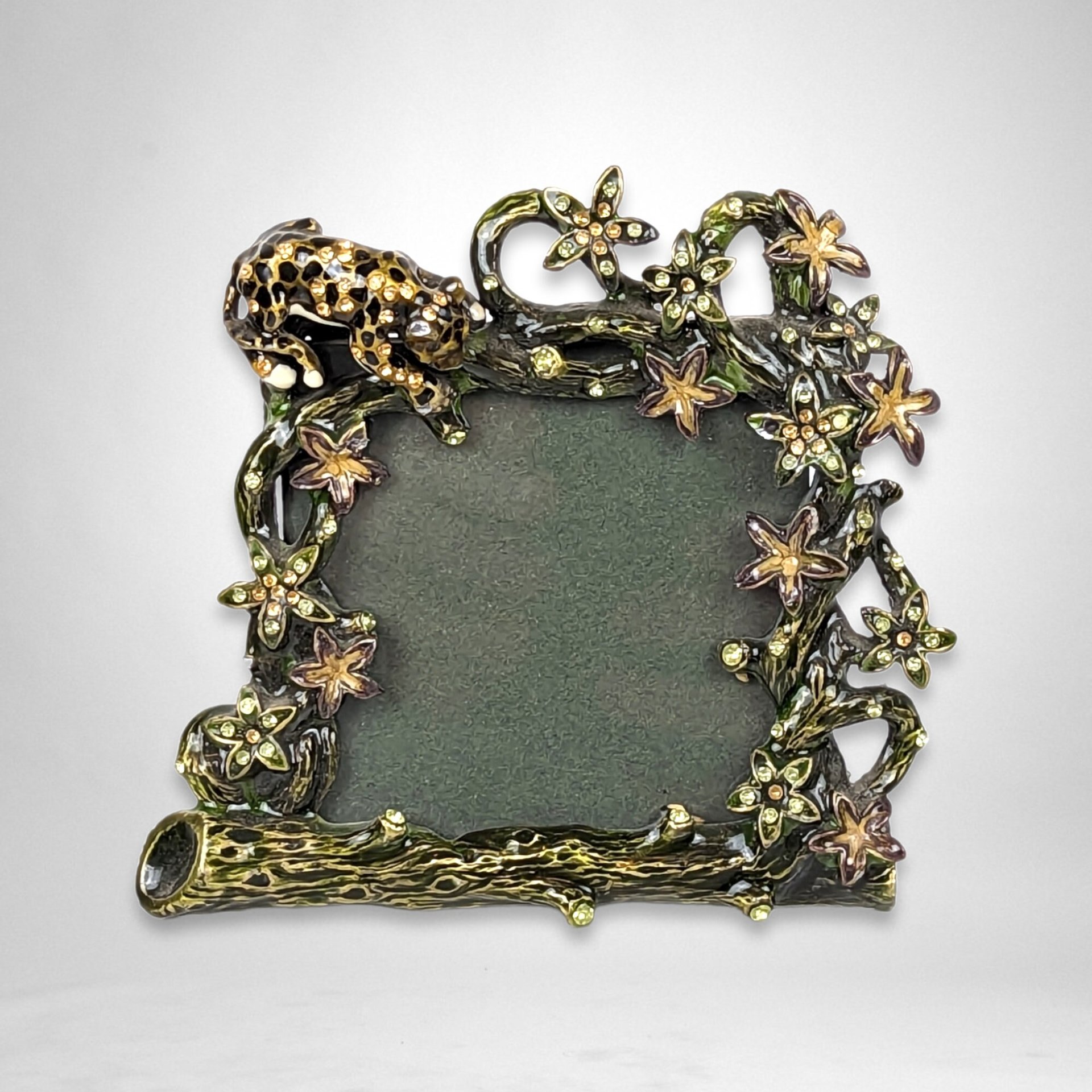 Metal Picture Frame with Austrian Crystal and Enamel Leopard