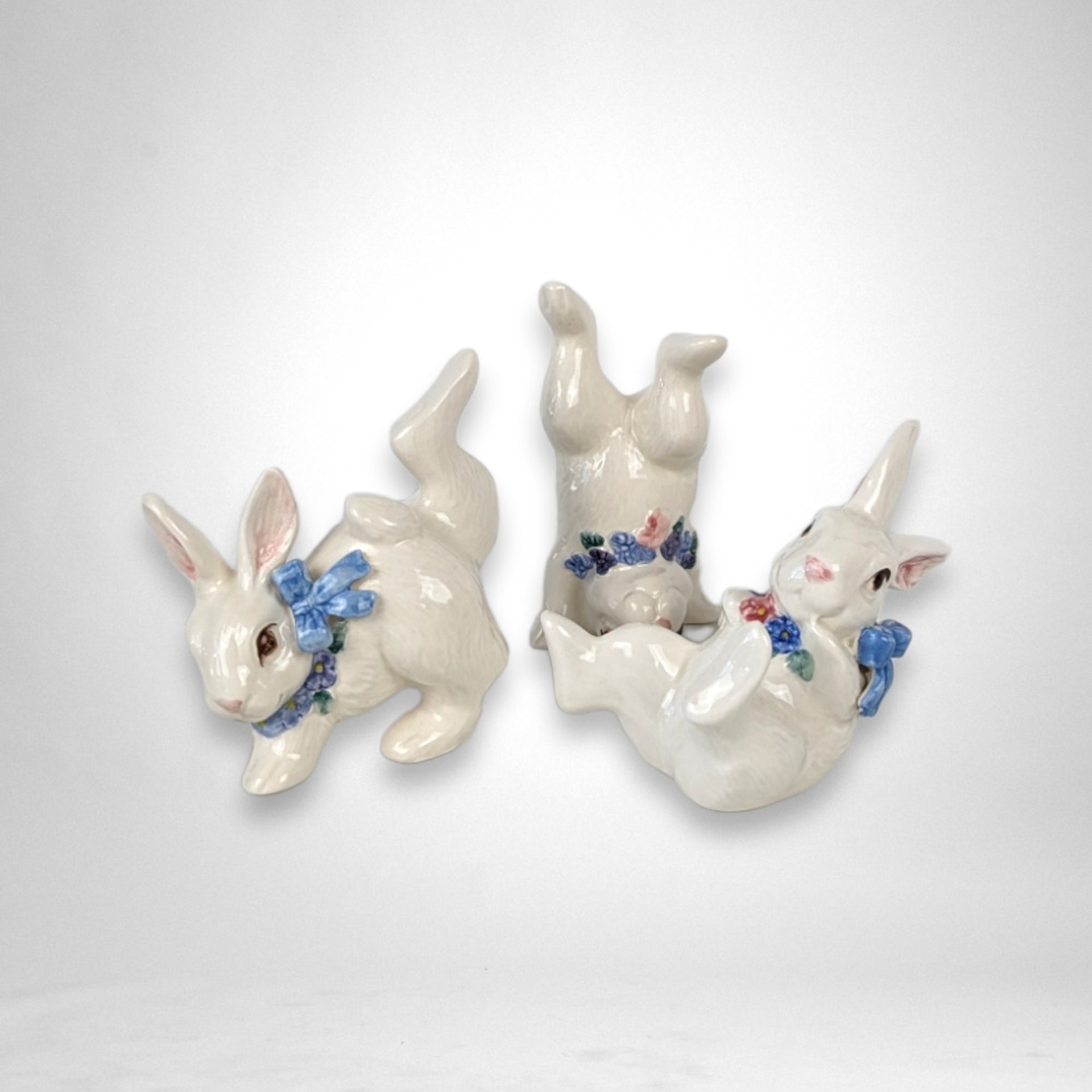 Set of 3 Ceramic White Playful Bunny Figurines