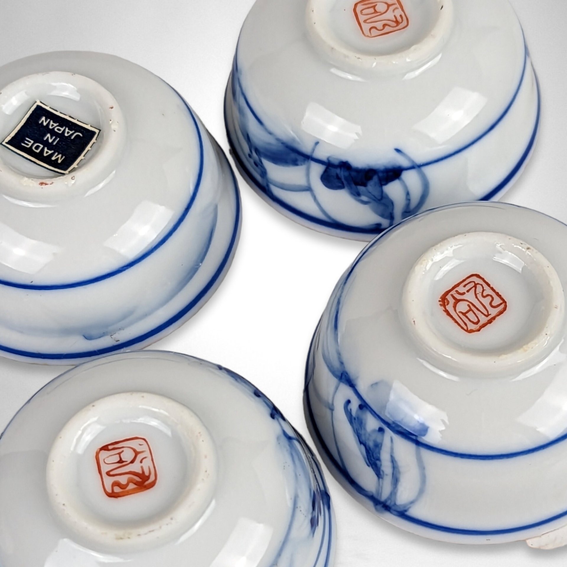 Set of 4 Exquisite Vintage Japanese Good Fortune Sake Cups with Hand-Painted Designs
