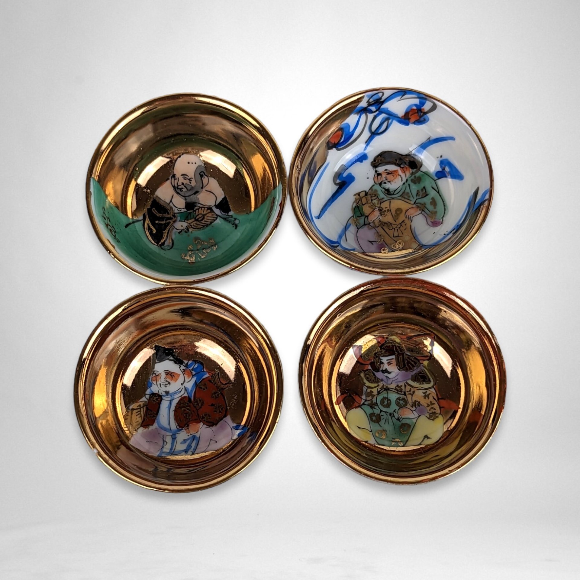 Set of 4 Exquisite Vintage Japanese Good Fortune Sake Cups with Hand-Painted Designs