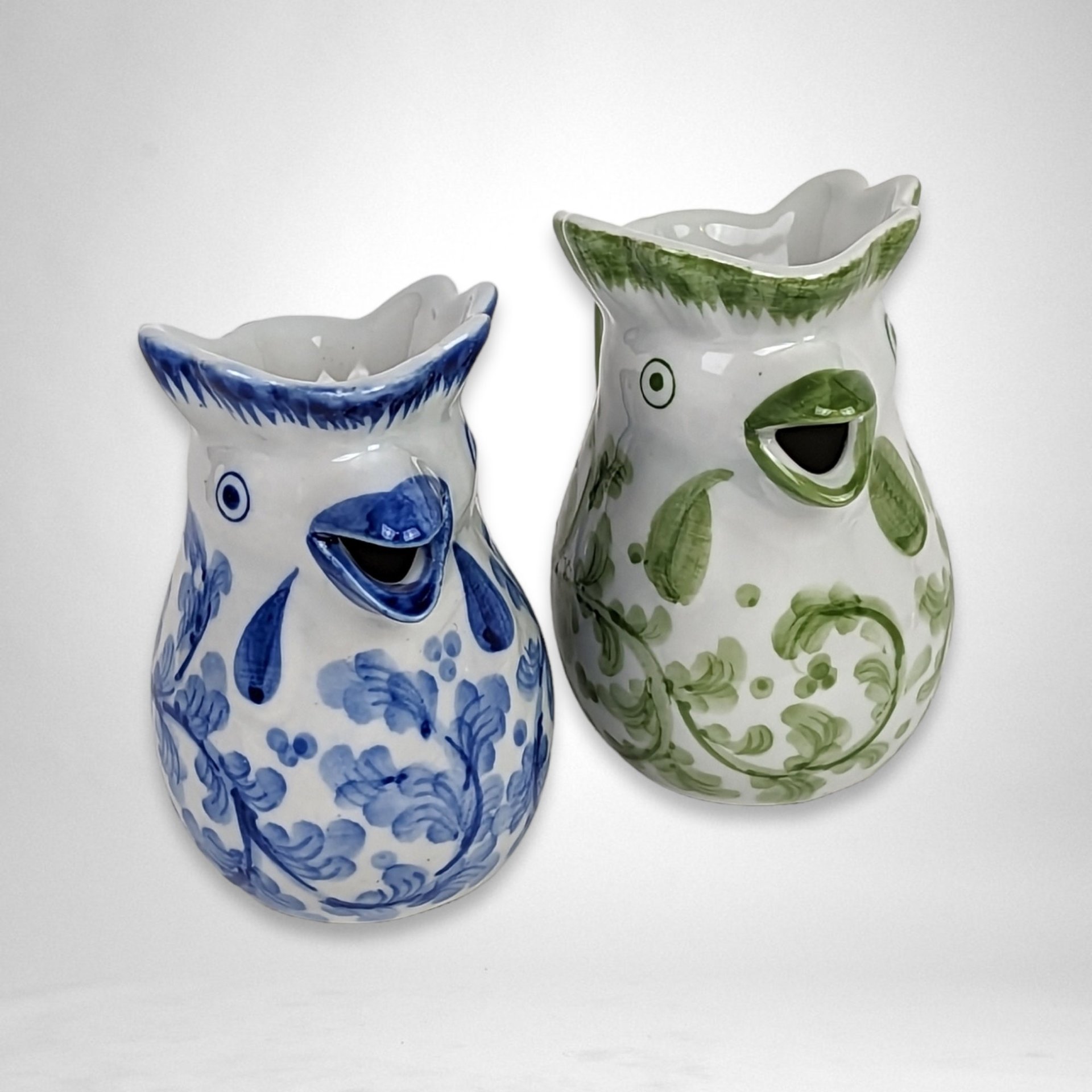 Pair of Vintage Blue and Green Chicken Creamers