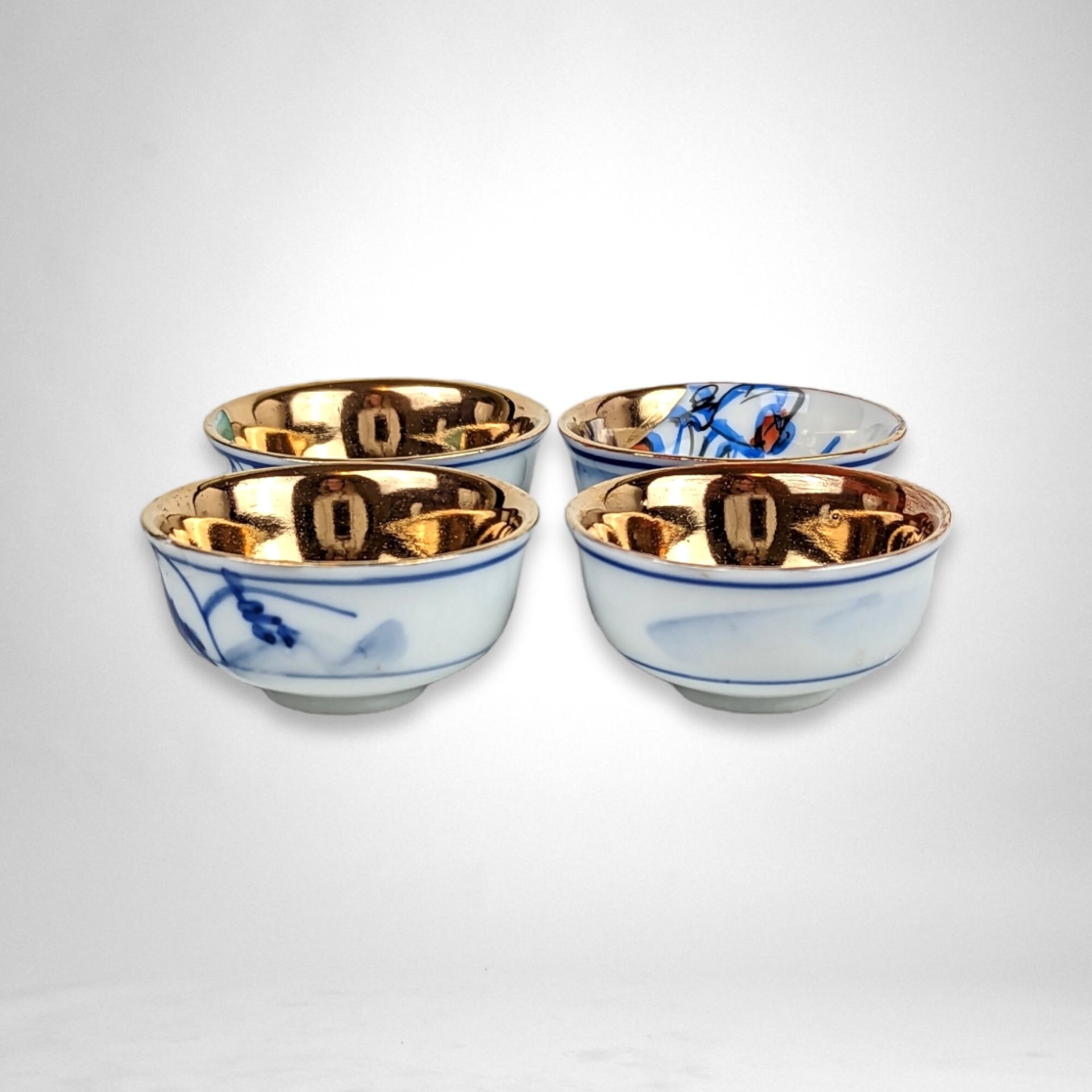 Set of 4 Exquisite Vintage Japanese Good Fortune Sake Cups with Hand-Painted Designs