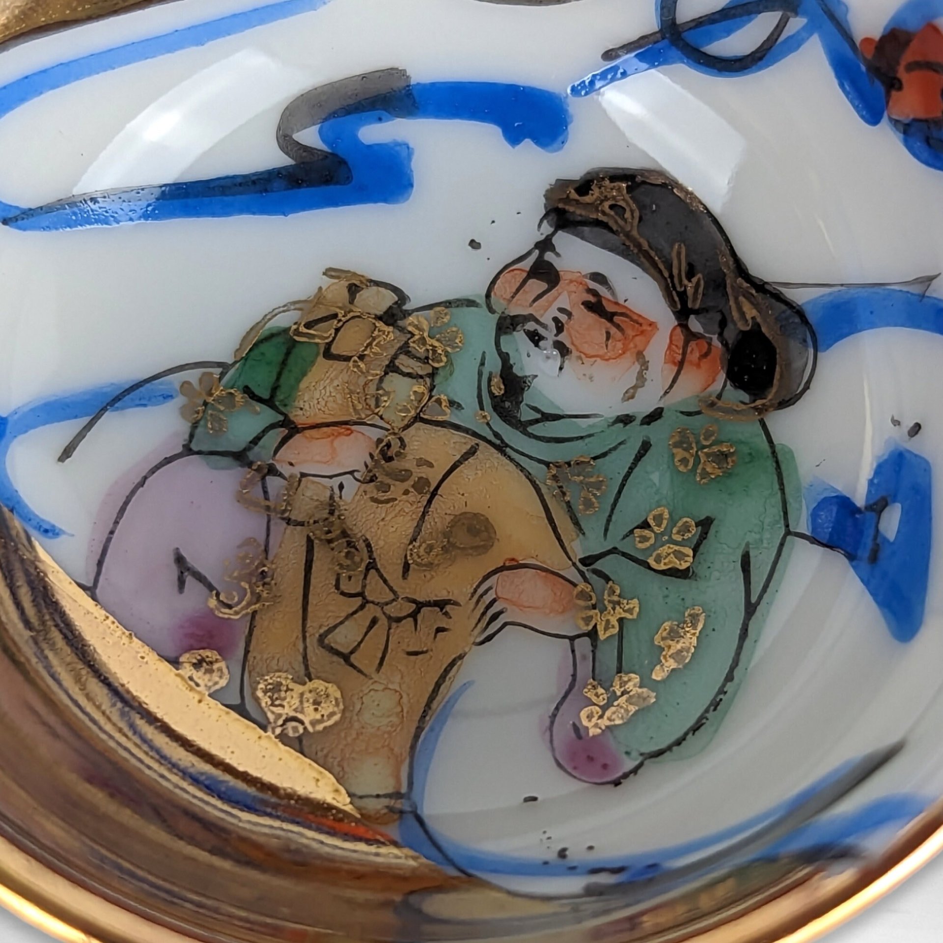 Set of 4 Exquisite Vintage Japanese Good Fortune Sake Cups with Hand-Painted Designs