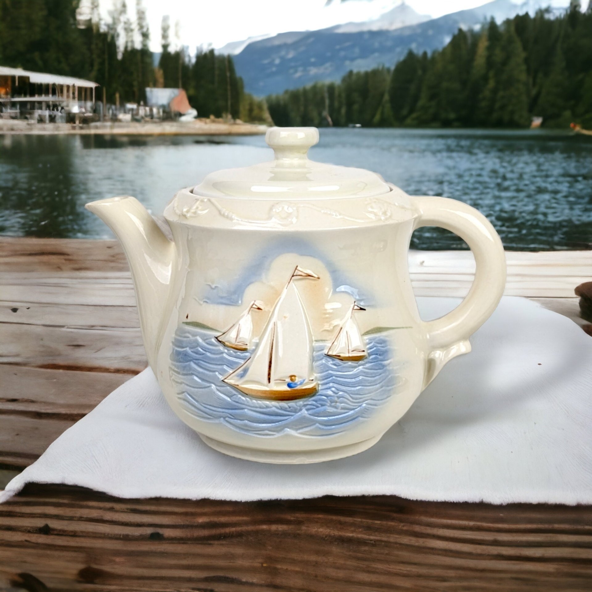 Vintage Large Porcelier Nautical Teapot with Lid - Seafaring Elegance