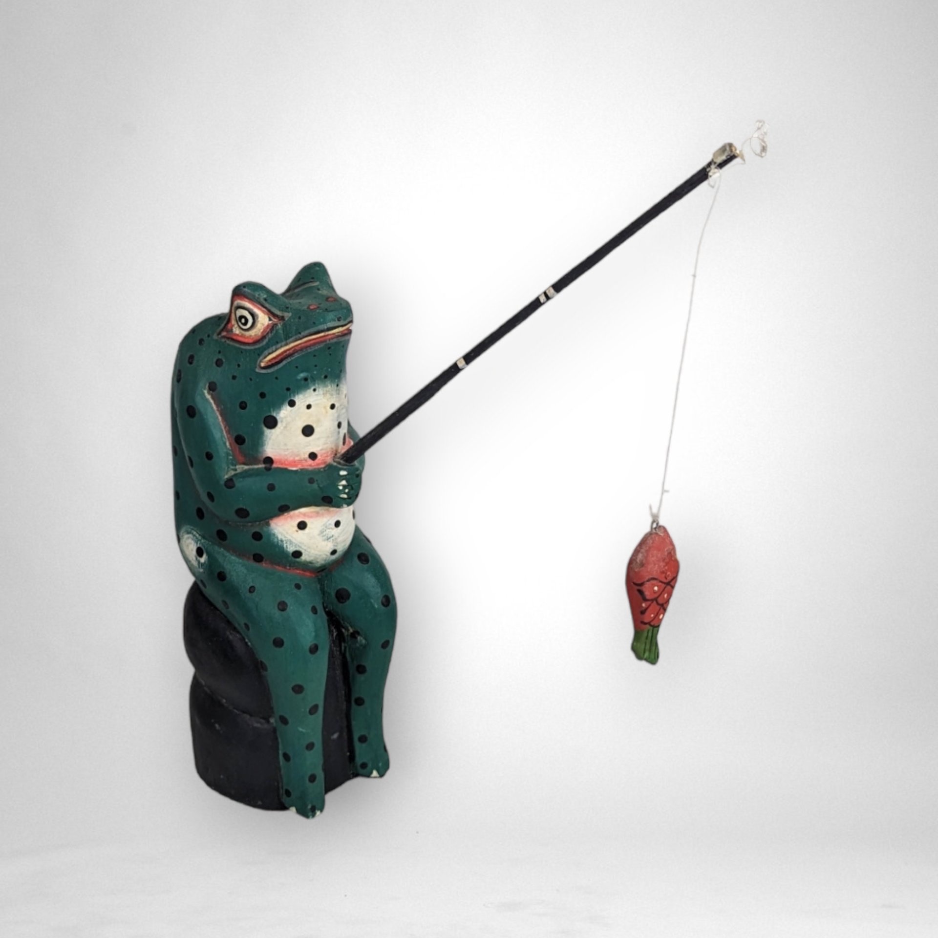 Hand Painted Carved Wooden Frog Fishing Figurine