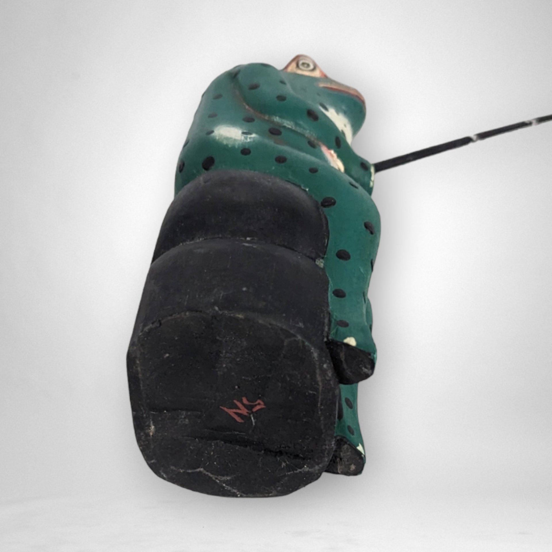 Hand Painted Carved Wooden Frog Fishing Figurine