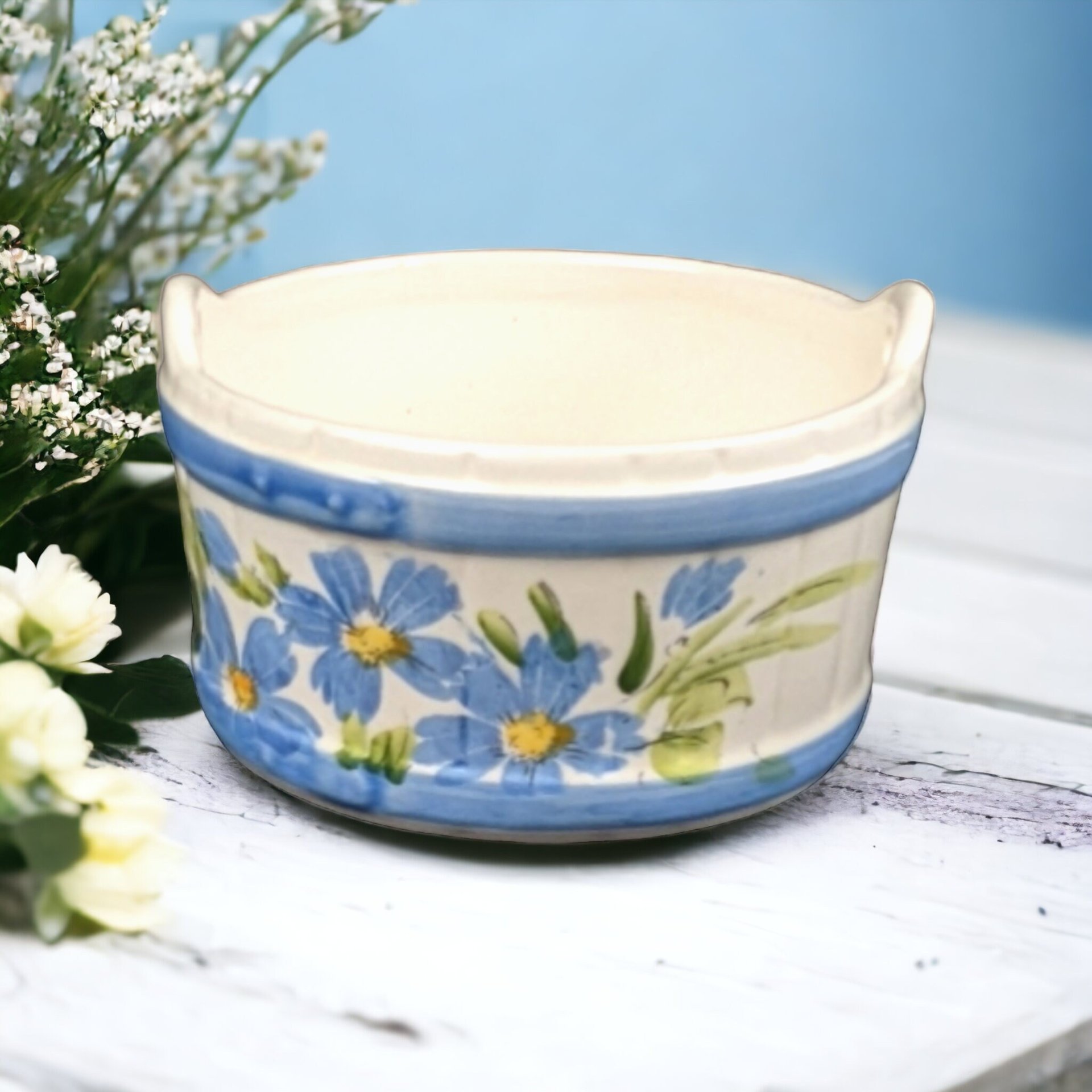 Vintage FTDA Wiess Hand-Painted Blue Floral Planter 