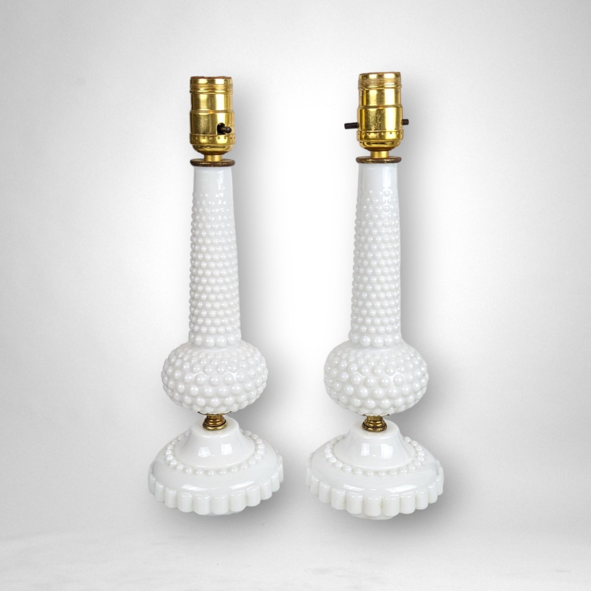 Pair of Vintage Mid Century Milk Glass Hobnail Table Lamps - Shades Not Included