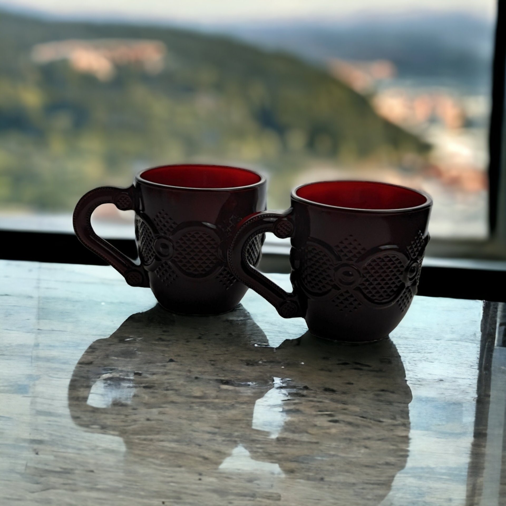 Vintage Pair of Avon Cape Cod Red Flat Mugs