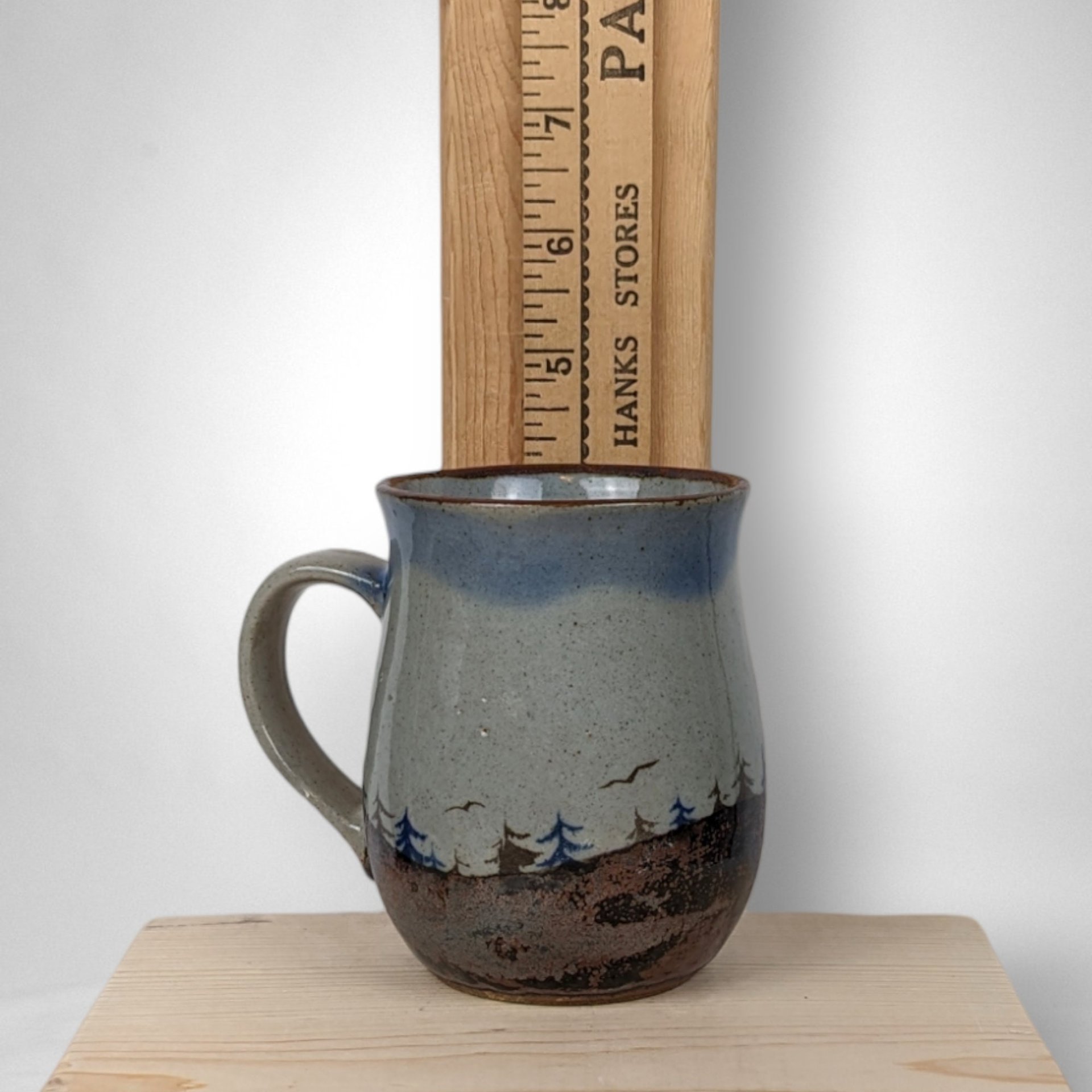 Vintage Glazed Pottery Mug with Scenery of Trees and Birds