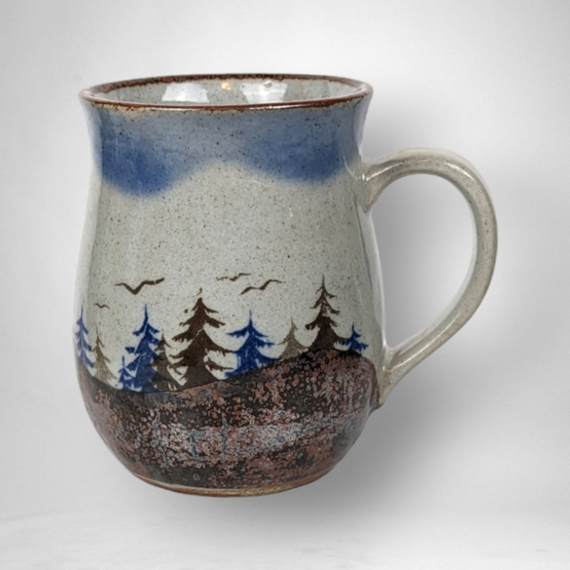 Vintage Glazed Pottery Mug with Scenery of Trees and Birds