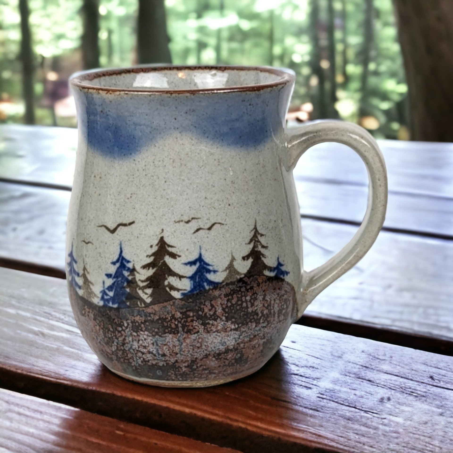 Vintage Glazed Pottery Mug with Scenery of Trees and Birds