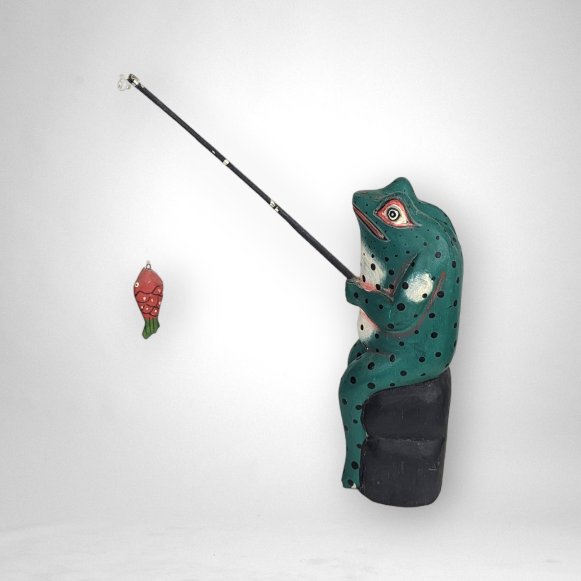 Hand Painted Carved Wooden Frog Fishing Figurine