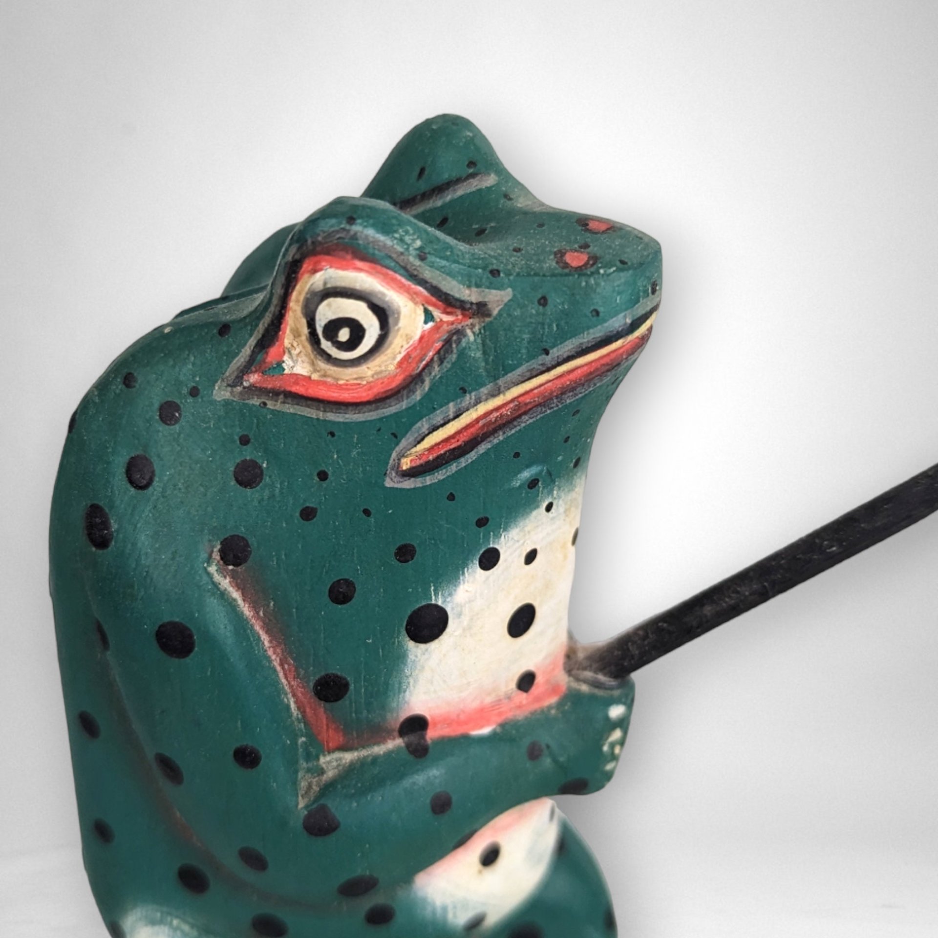 Hand Painted Carved Wooden Frog Fishing Figurine