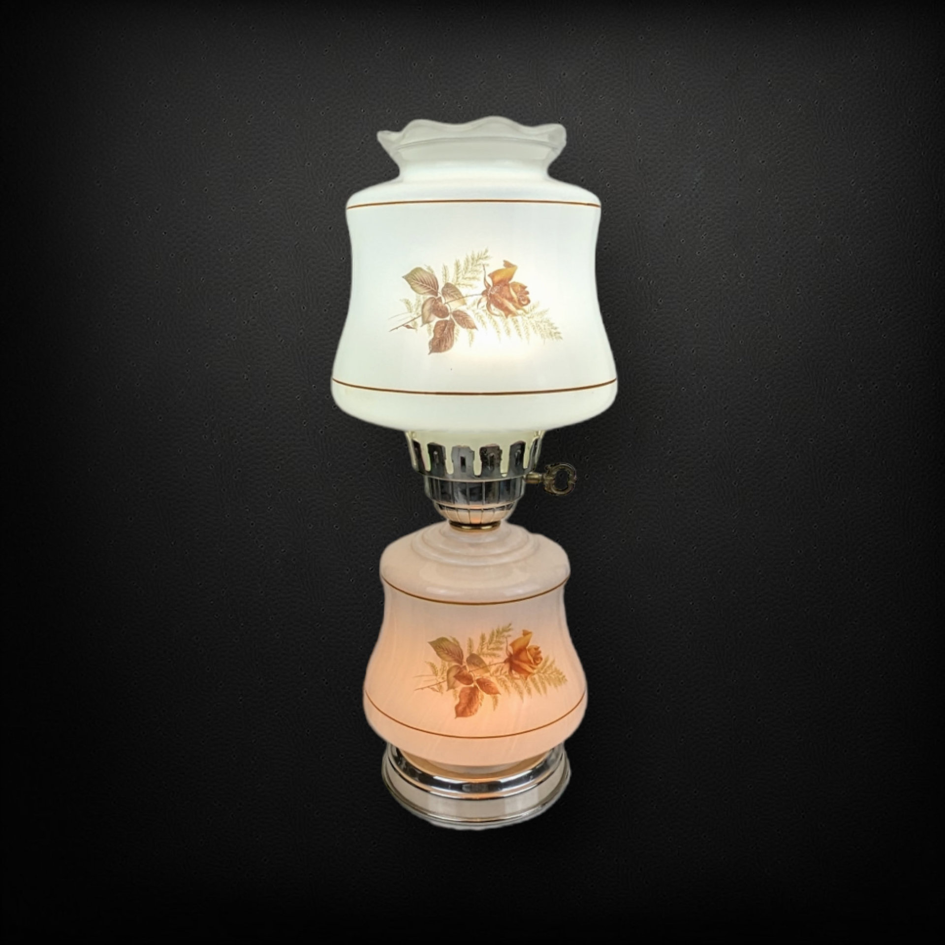 Vintage Double Light Hurricane Lamp with Painted Roses