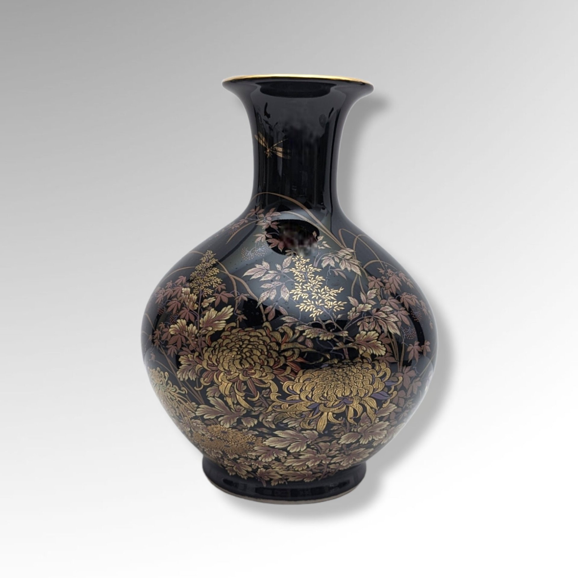 Shibata Japan Black Floral Porcelain Vase